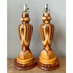 Vintage Boho Marquetry Wood Lamps - A Pair