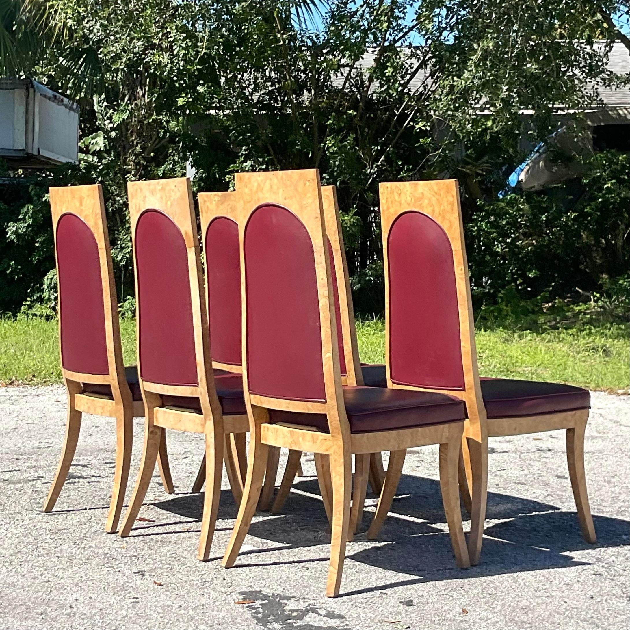 American Vintage Boho Mastercraft Amboyna Burl Dining Chairs Set of Six