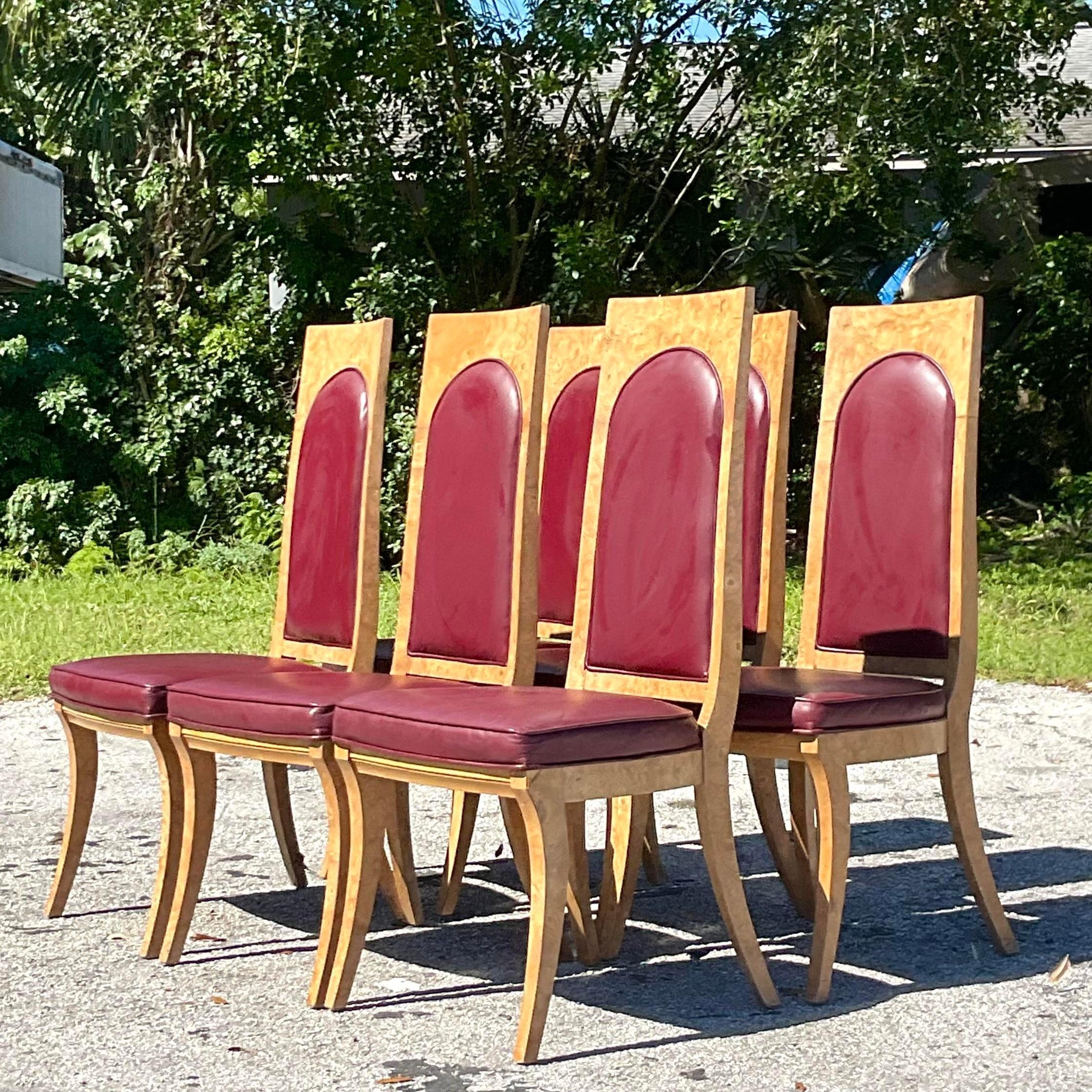Vintage Boho Mastercraft Amboyna Burl Dining Chairs Set of Six In Good Condition In west palm beach, FL