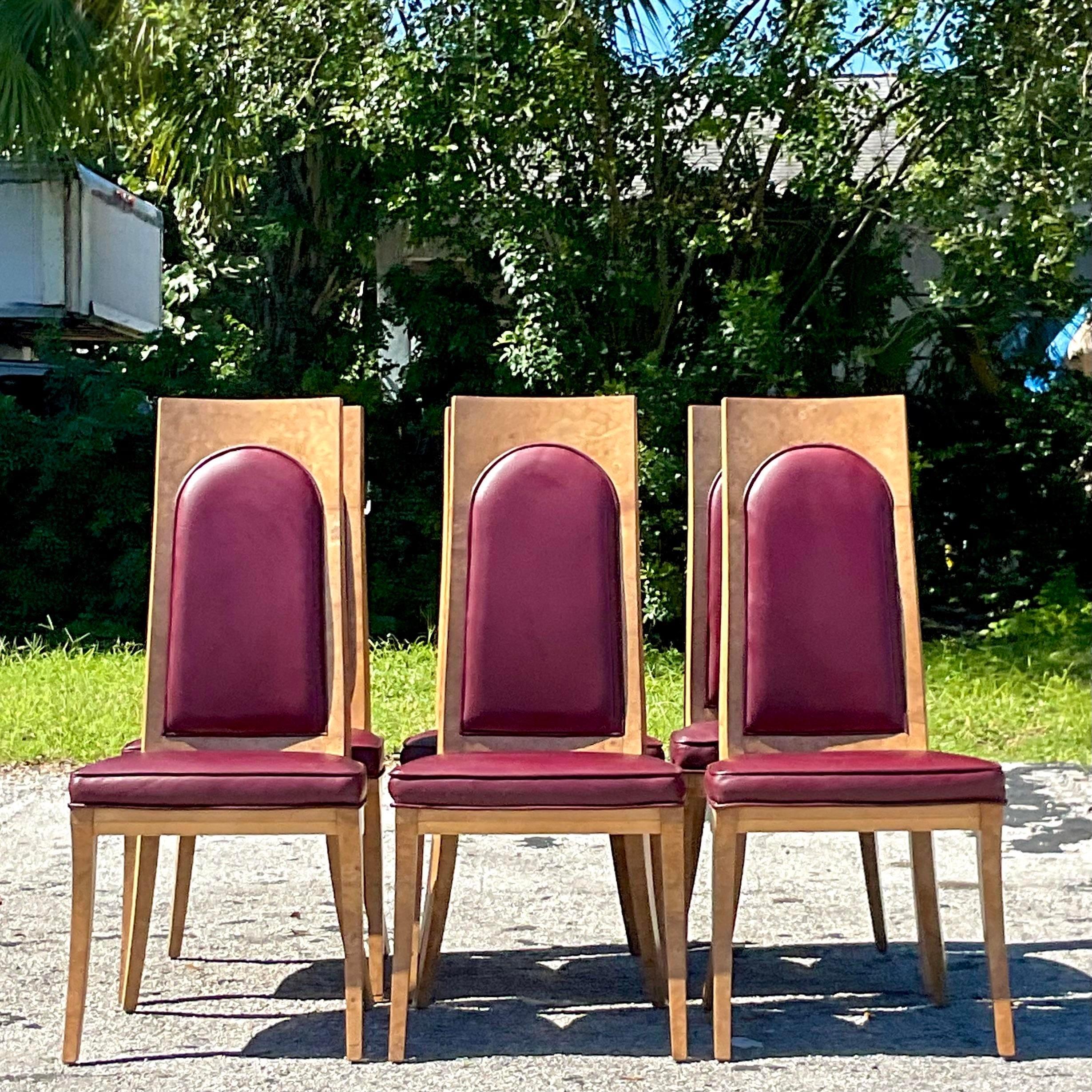 Late 20th Century Vintage Boho Mastercraft Amboyna Burl Dining Chairs Set of Six