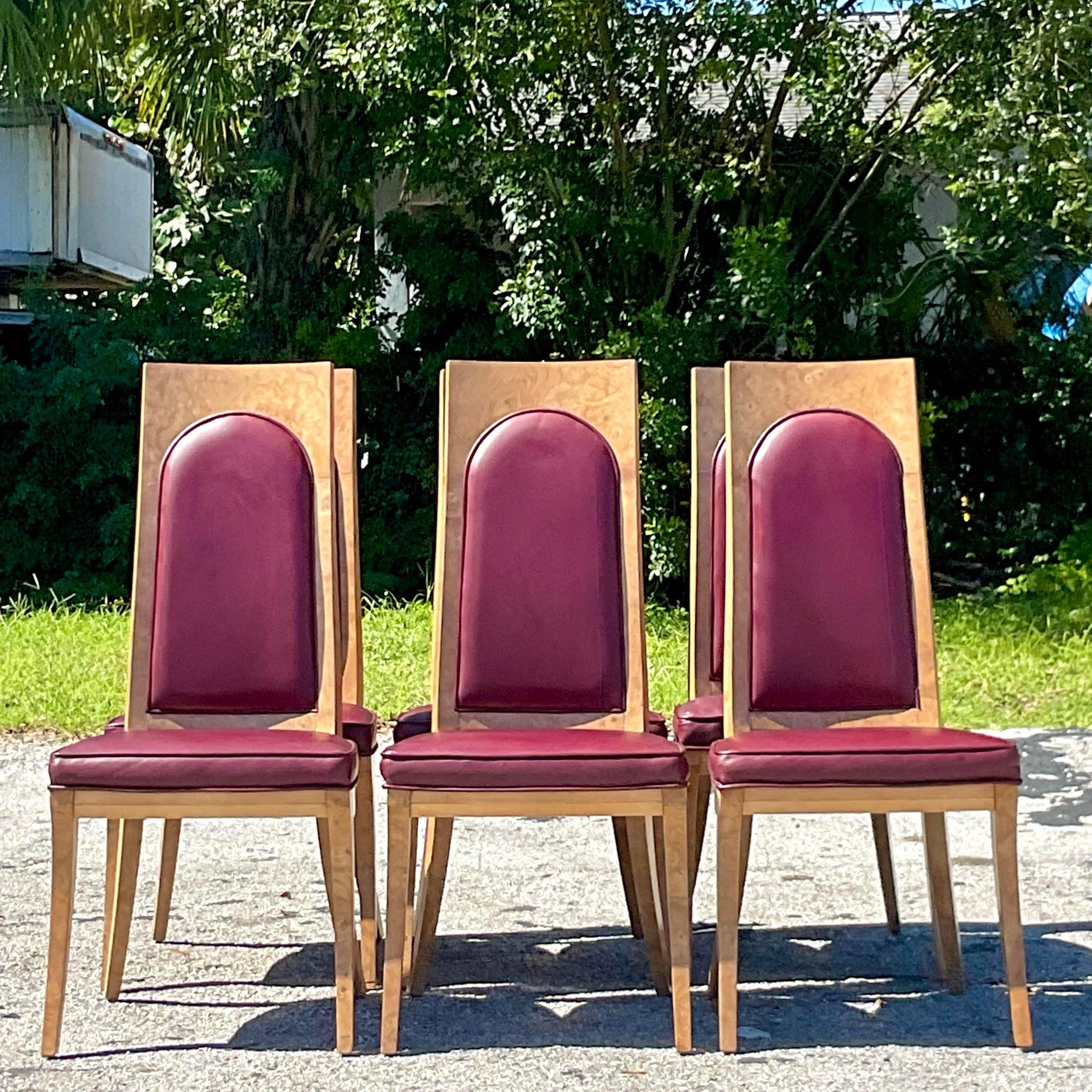 Upholstery Vintage Boho Mastercraft Amboyna Burl Dining Chairs Set of Six