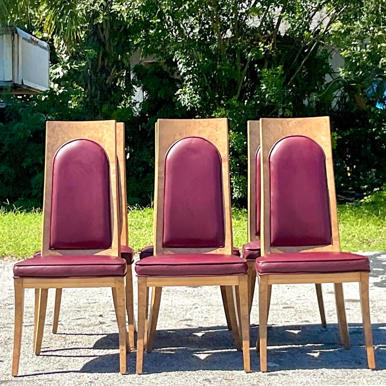 Vintage Boho Mastercraft Amboyna Burl Dining Chairs Set of Six 1