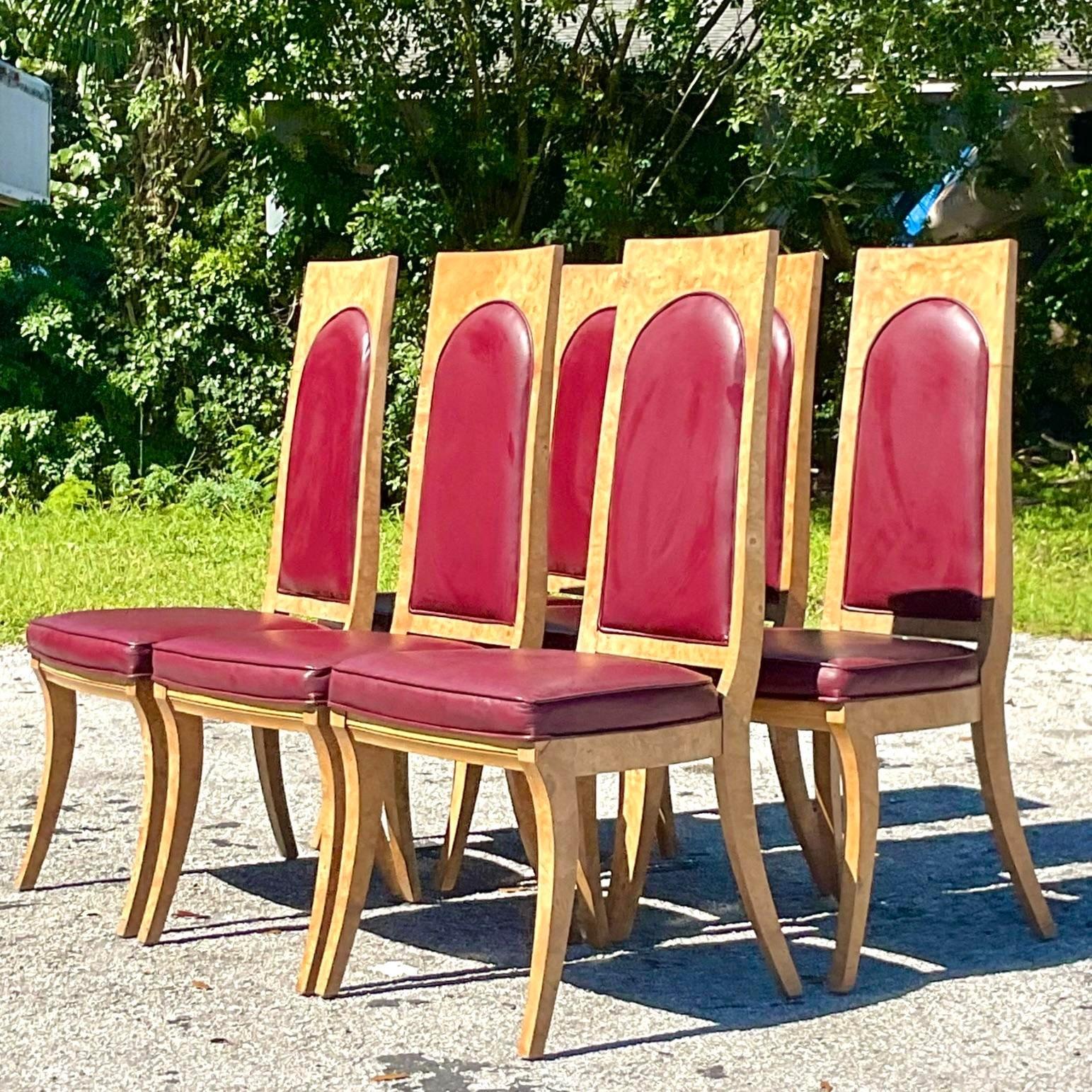 Vintage Boho Mastercraft Amboyna Burl Dining Chairs Set of Six 2