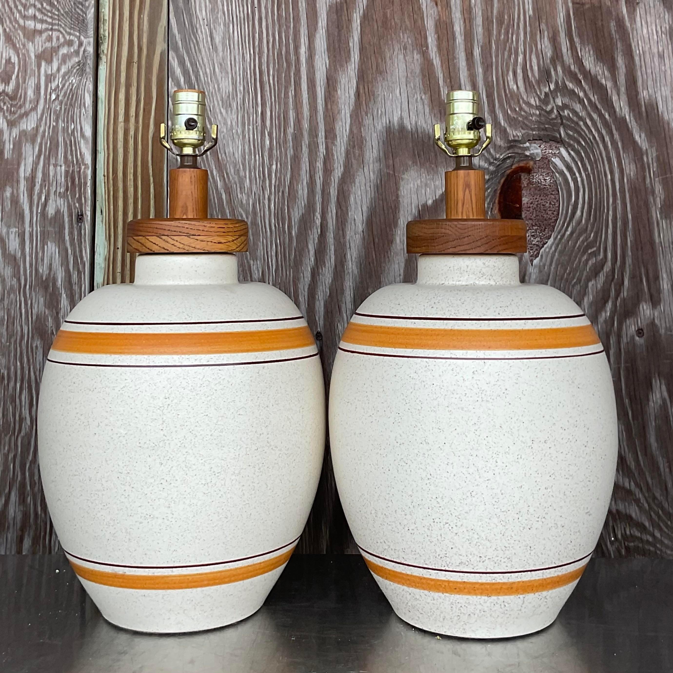 American Vintage Boho Matte Ceramic Stripe Lamps - a Pair For Sale