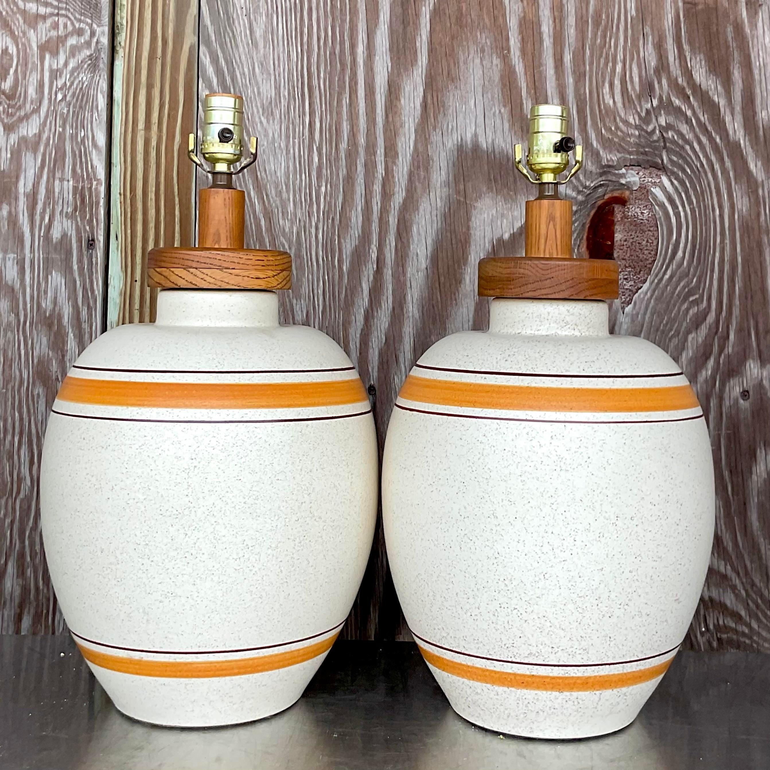 Vintage Boho Matte Ceramic Stripe Lamps - a Pair In Good Condition For Sale In west palm beach, FL