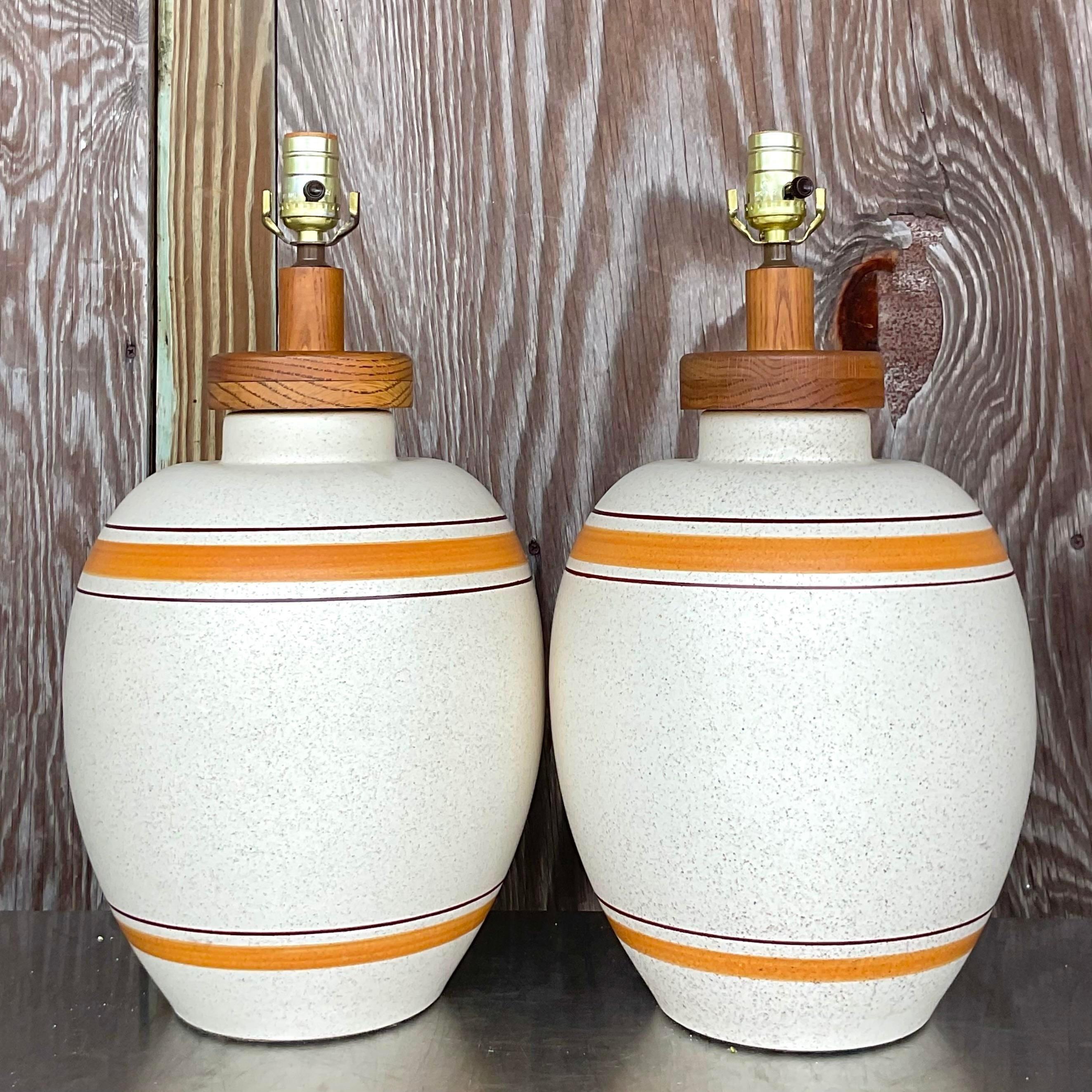 20th Century Vintage Boho Matte Ceramic Stripe Lamps - a Pair For Sale