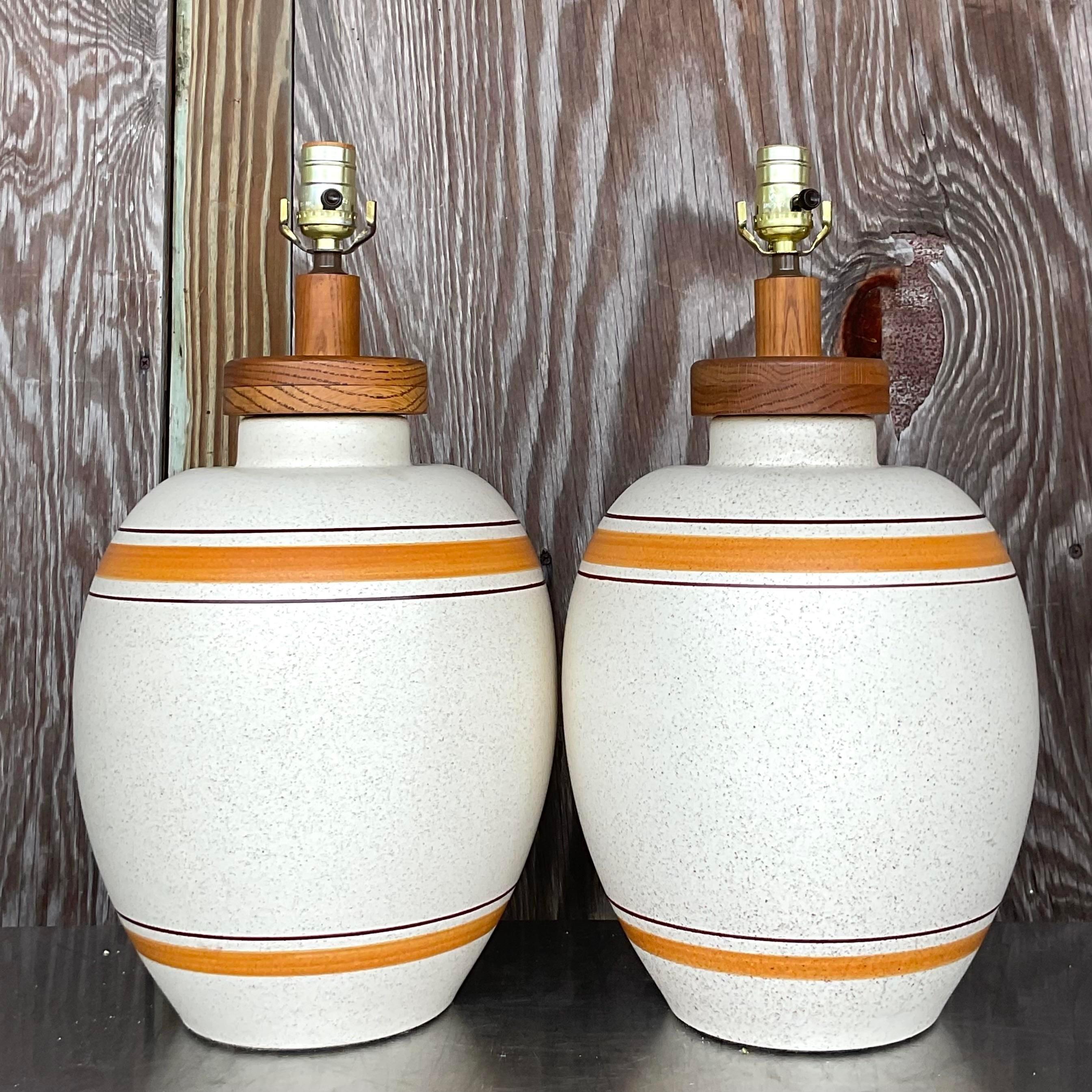 Vintage Boho Matte Ceramic Stripe Lamps - a Pair For Sale 1