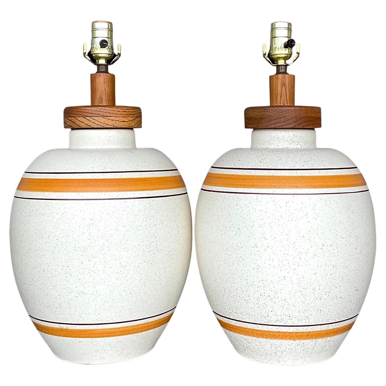 Vintage Boho Matte Ceramic Stripe Lamps - a Pair