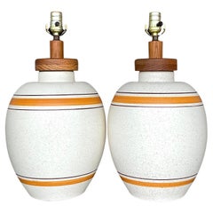 Vintage Boho Matte Ceramic Stripe Lamps - a Pair