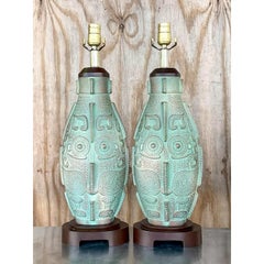 Vintage Boho Matte Ceramic Table Lamps - a Pair