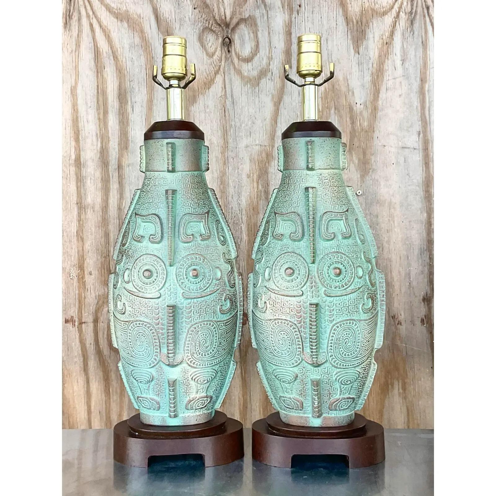 North American Vintage Boho Matte Ceramic Table Lamps - a Pair
