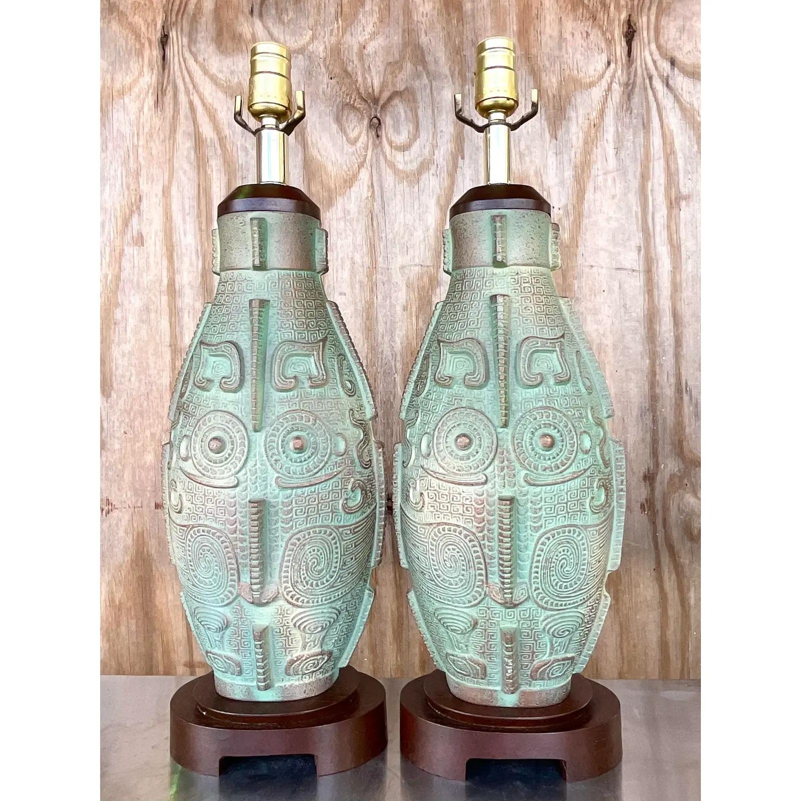 Vintage Boho Matte Ceramic Table Lamps - a Pair In Good Condition In west palm beach, FL