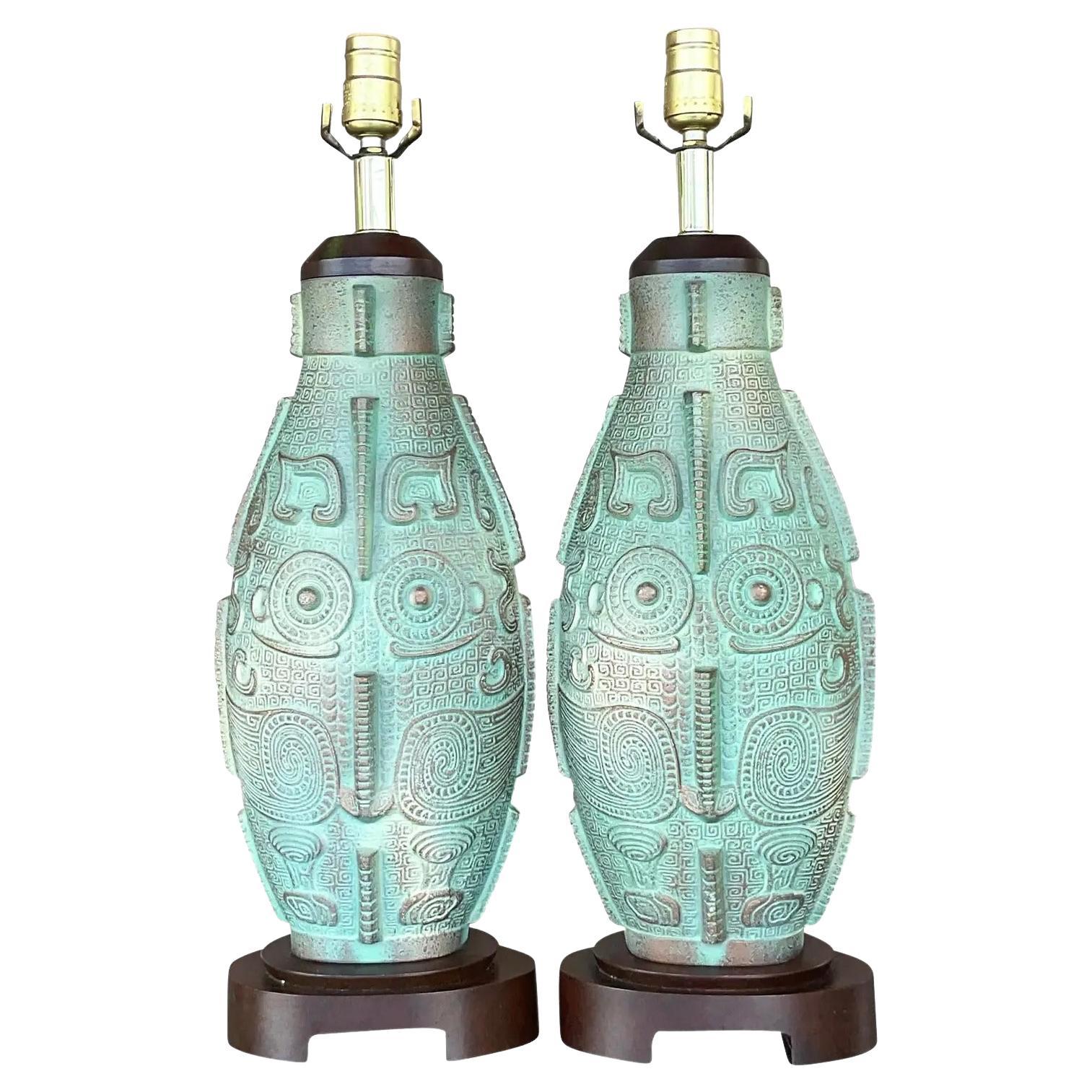 Vintage Boho Matte Ceramic Table Lamps - a Pair