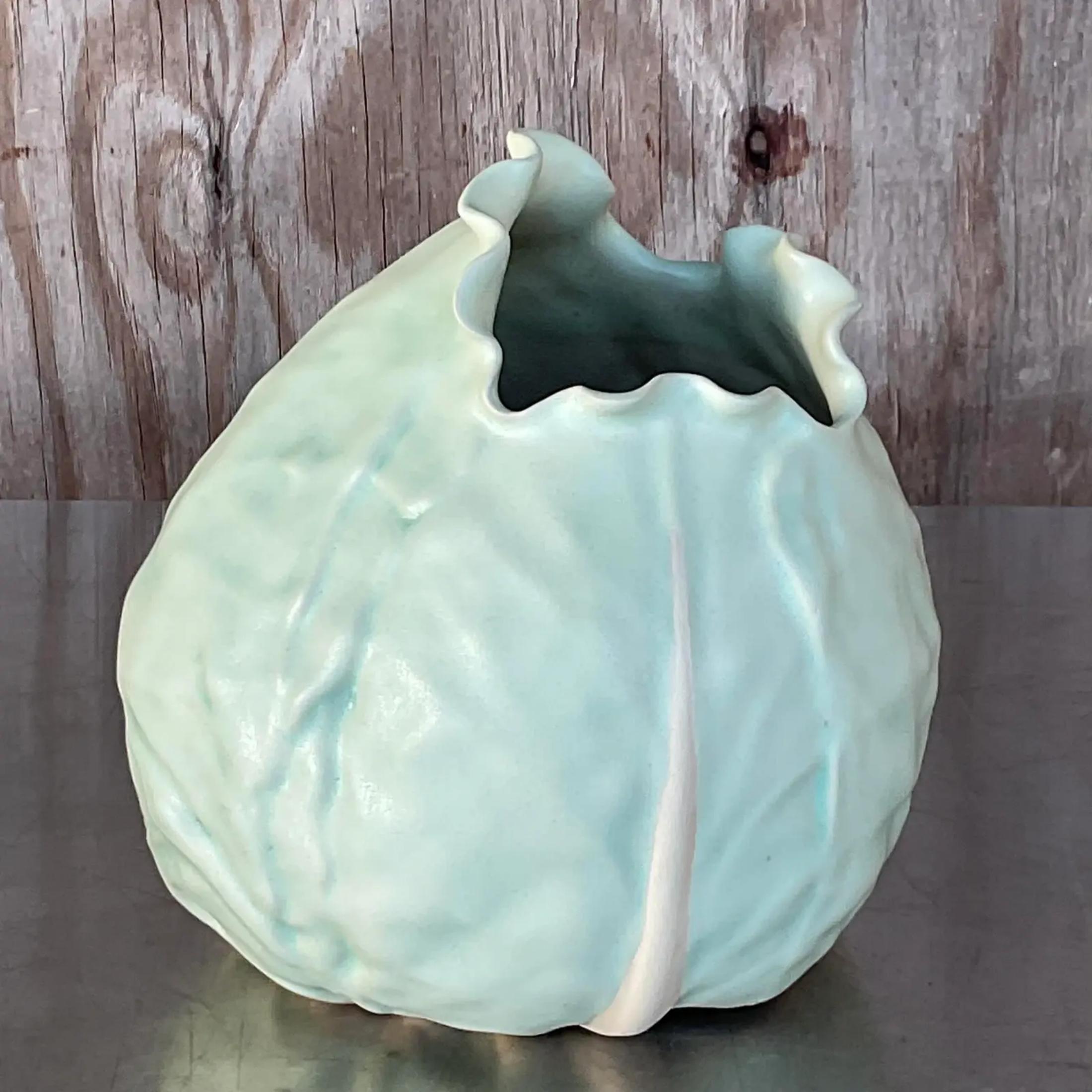 A fantastic vintage Boho ceramic cabbage. A beautiful pale green in a matte glazed finish. Signed on the bottom. Acquired from a Palm Beach estate