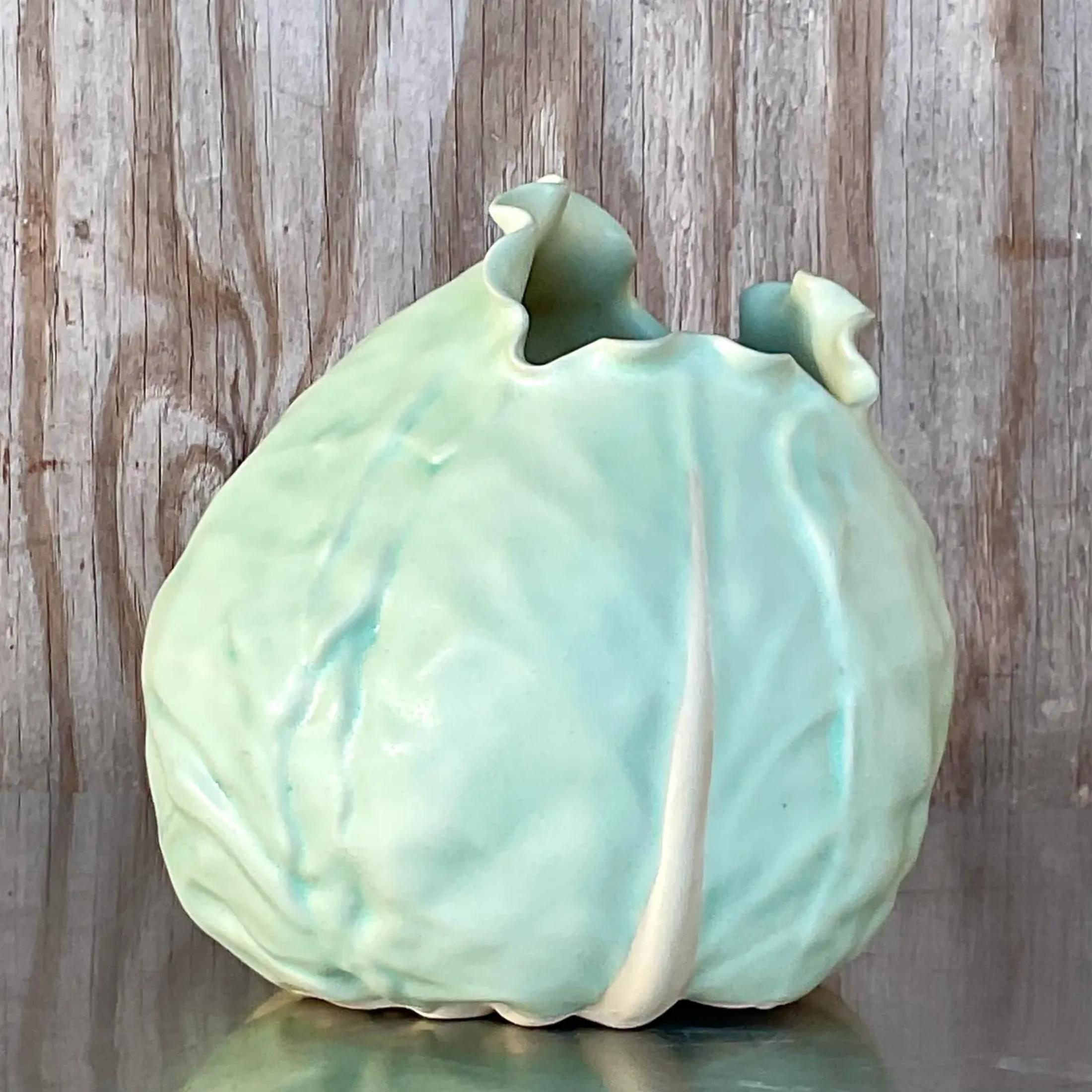Bohemian Vintage Boho Matte Glazed Ceramic Cabbage For Sale
