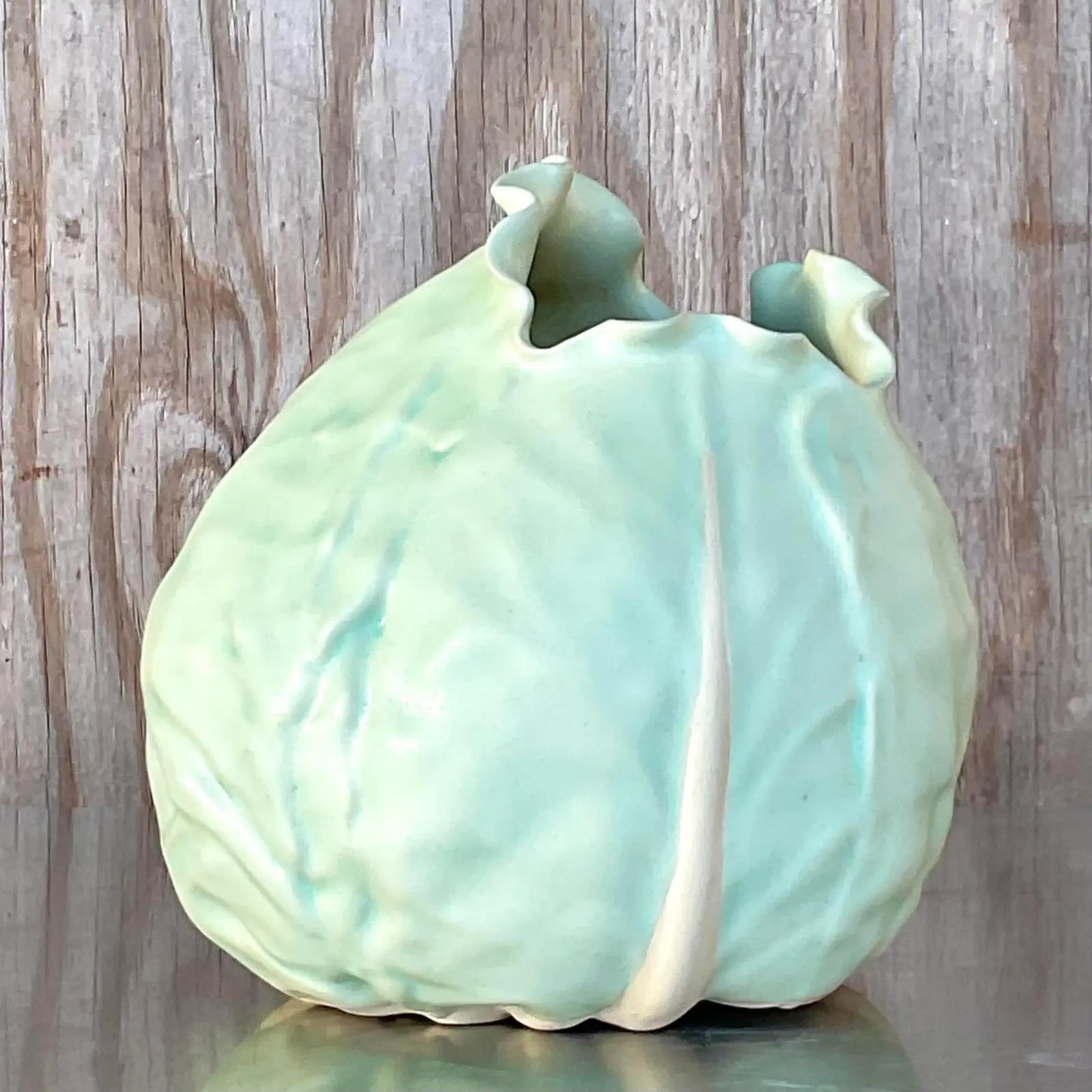 Vintage Boho Matte Glazed Ceramic Cabbage In Good Condition For Sale In west palm beach, FL