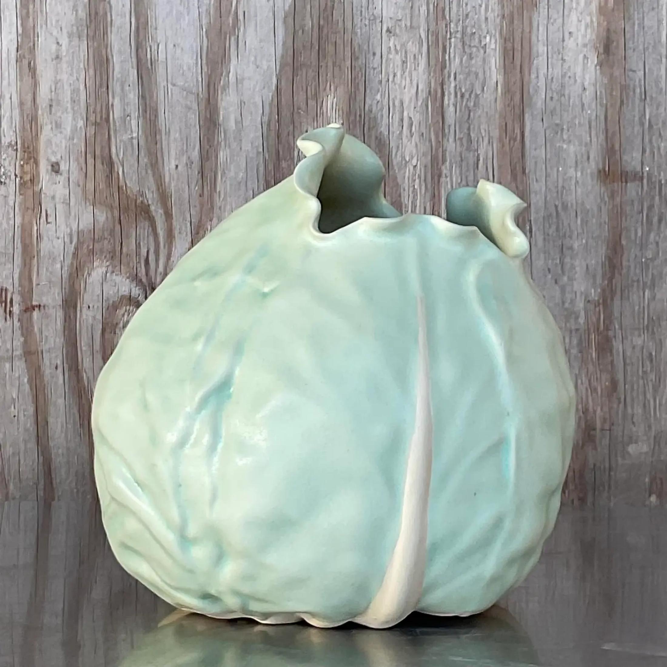 20th Century Vintage Boho Matte Glazed Ceramic Cabbage For Sale
