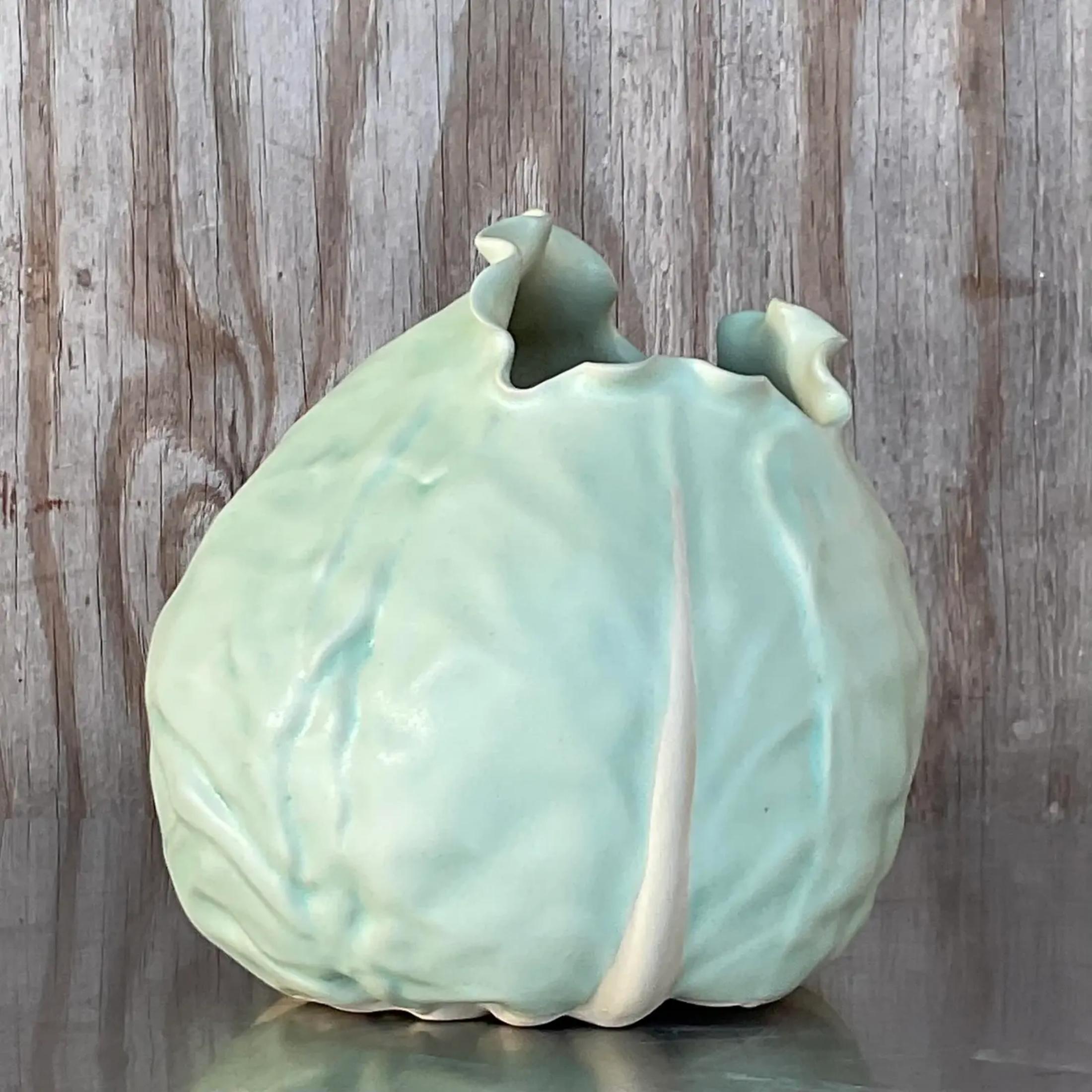Vintage Boho Matte Glazed Ceramic Cabbage For Sale 1