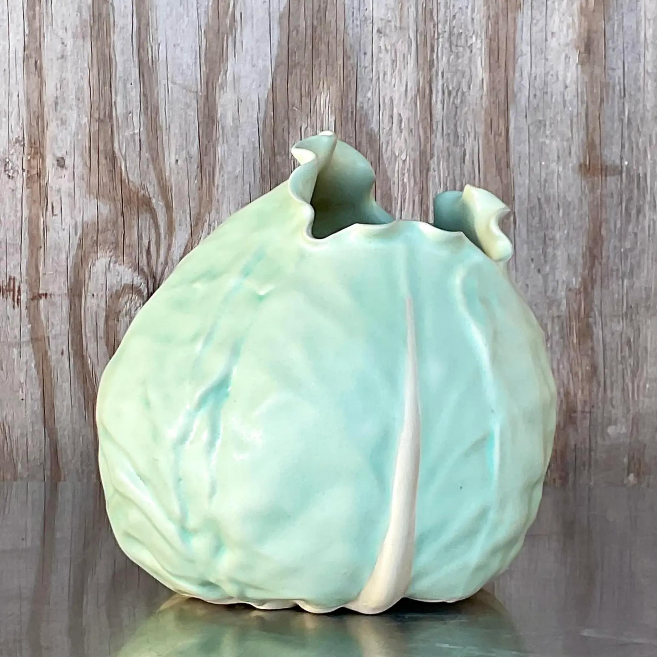 Vintage Boho Matte Glazed Ceramic Cabbage For Sale 3