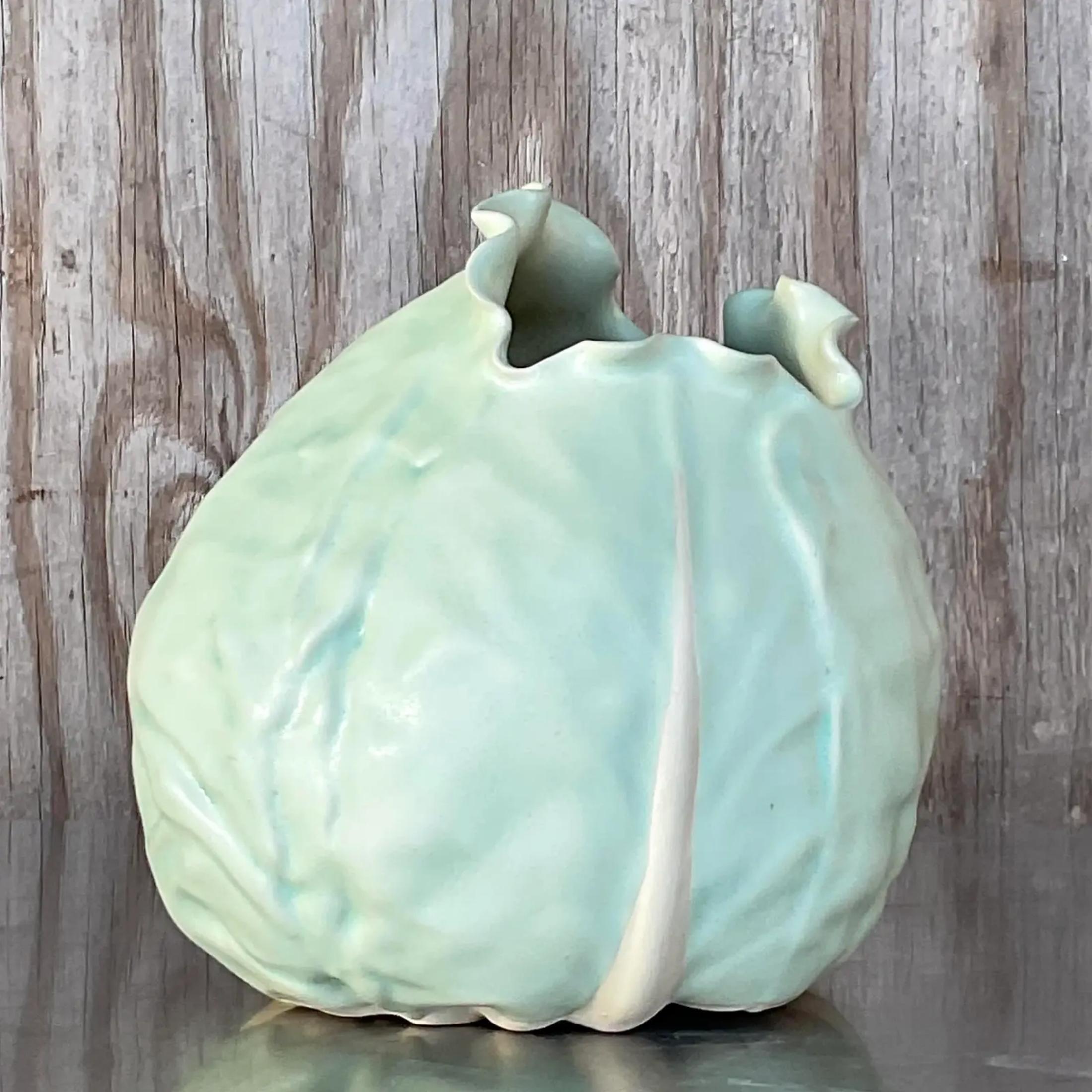 Vintage Boho Matte Glazed Ceramic Cabbage For Sale 4