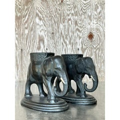 Vintage Boho Matte Glazed Ceramic Elephants- Set of 2