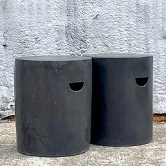 Vintage Boho Matte Glazed Ceramic Garden Stools - a Pair