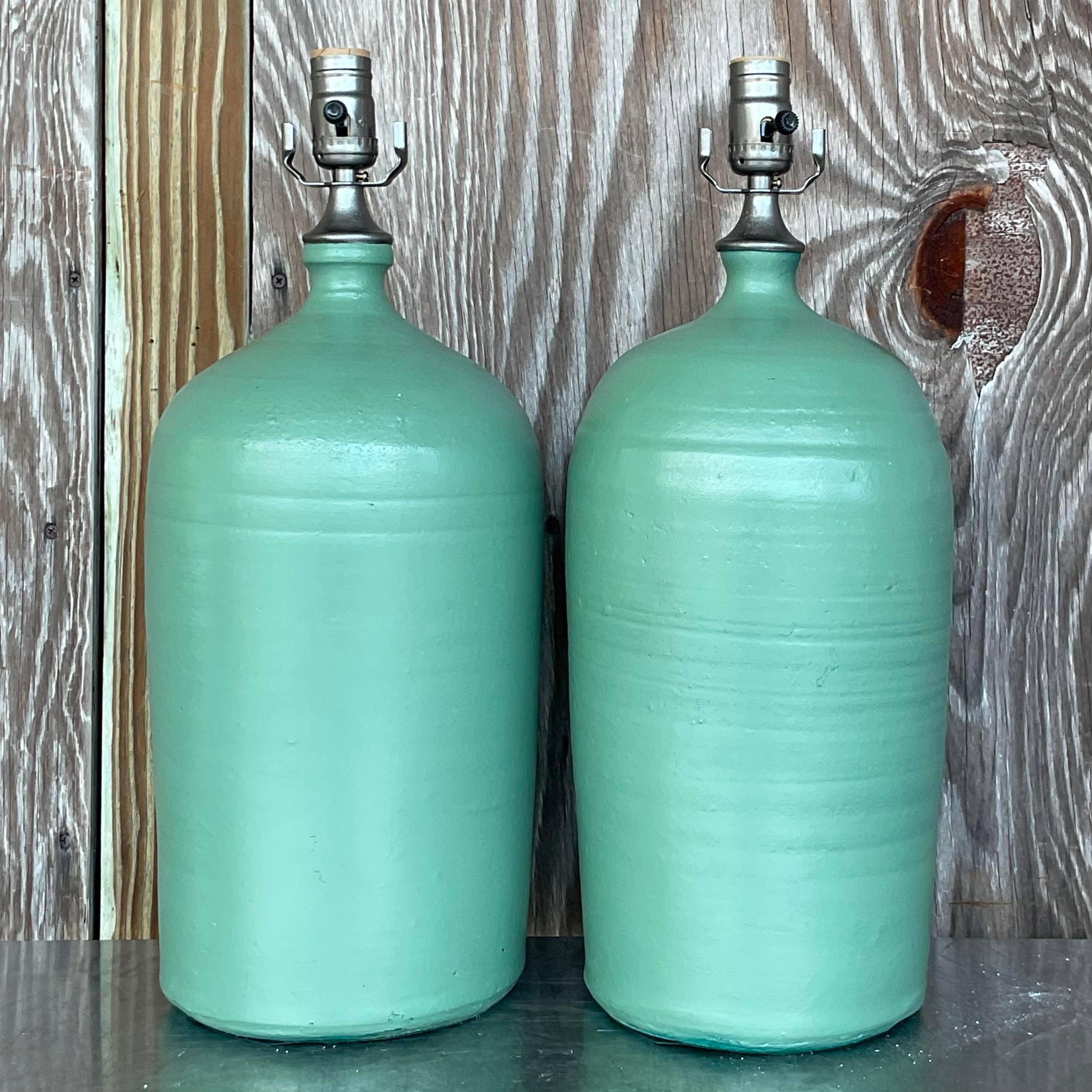 Vintage Boho Matte Glazed Ceramic Lamps - a Pair In Good Condition For Sale In west palm beach, FL