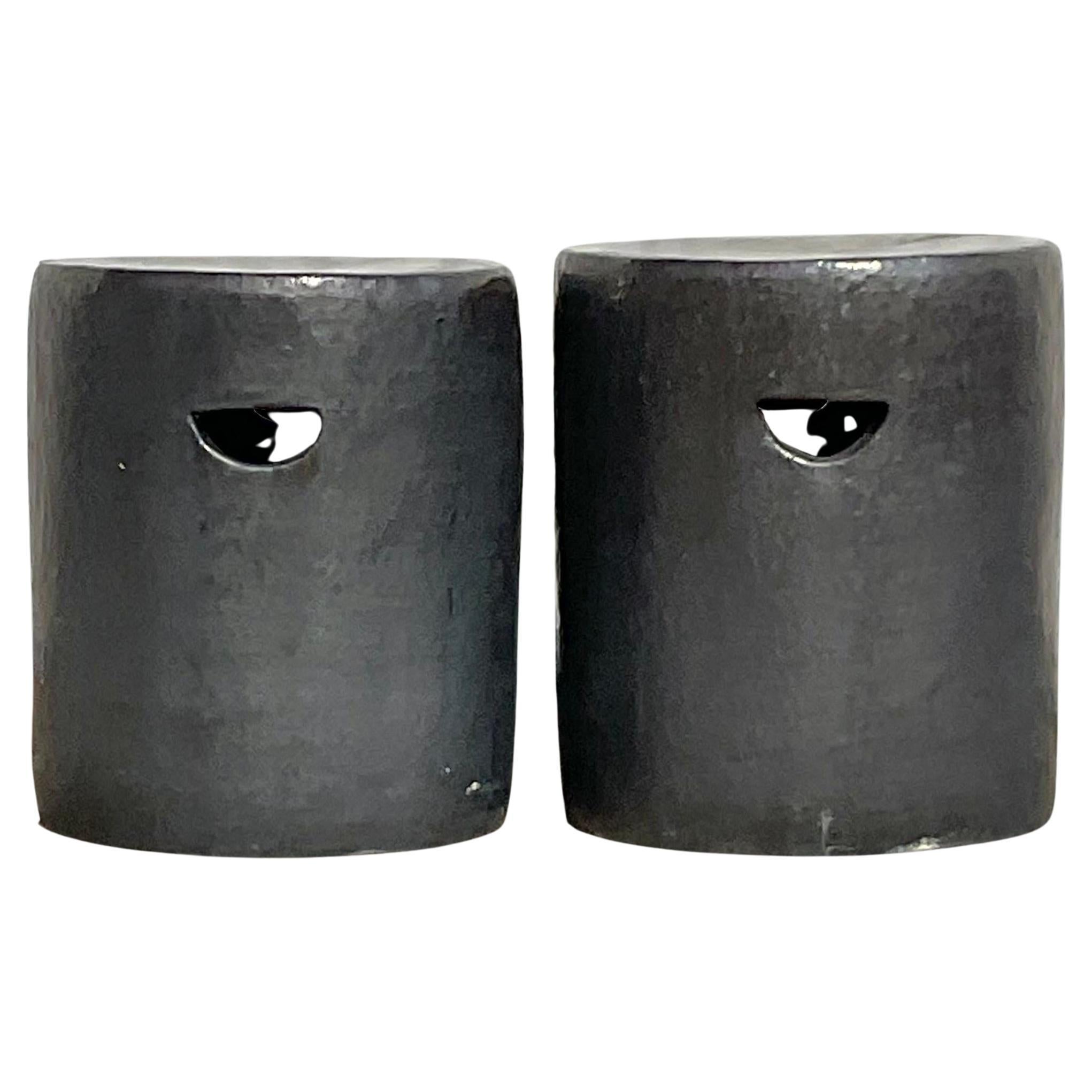 Vintage Boho Matte Glazed Ceramic Stools - a Pair For Sale