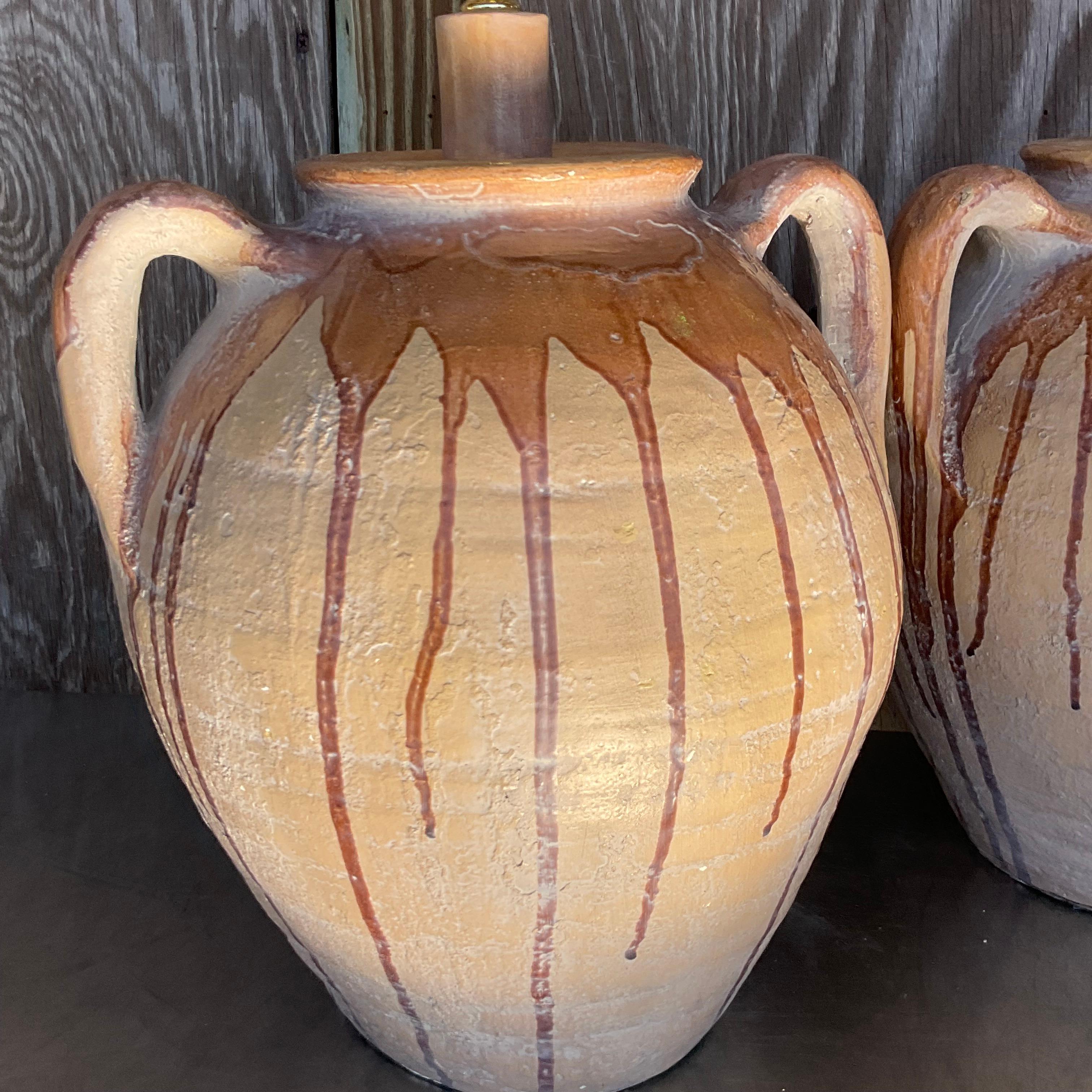 Vintage Boho Matte Terracotta Drip Glaze Lamps - a Pair In Good Condition For Sale In west palm beach, FL