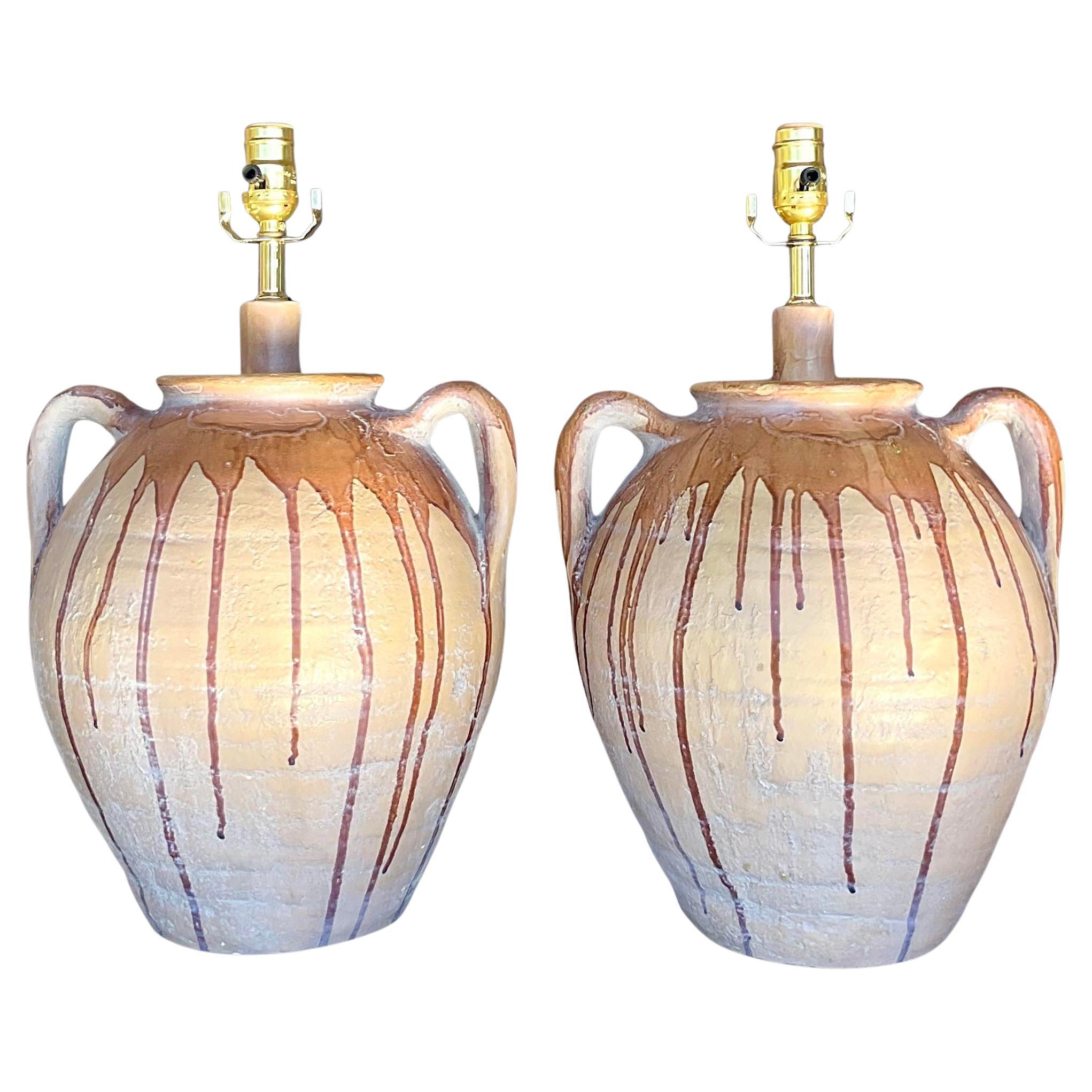 Vintage Boho Matte Terracotta Drip Glaze Lamps - a Pair For Sale