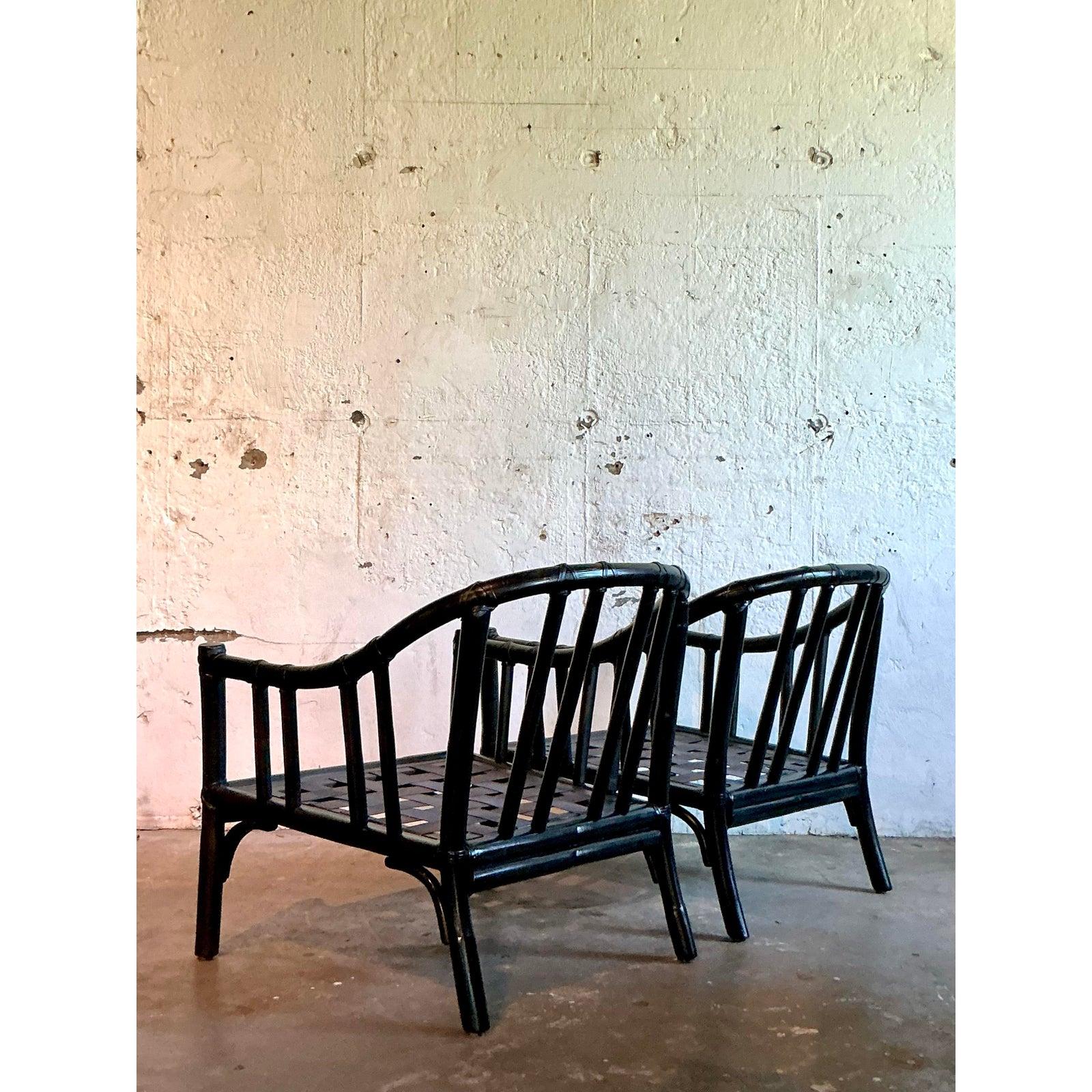 Hollywood Regency Vintage Boho McGuire Bent Rattan Lounge Chairs - A Pair For Sale