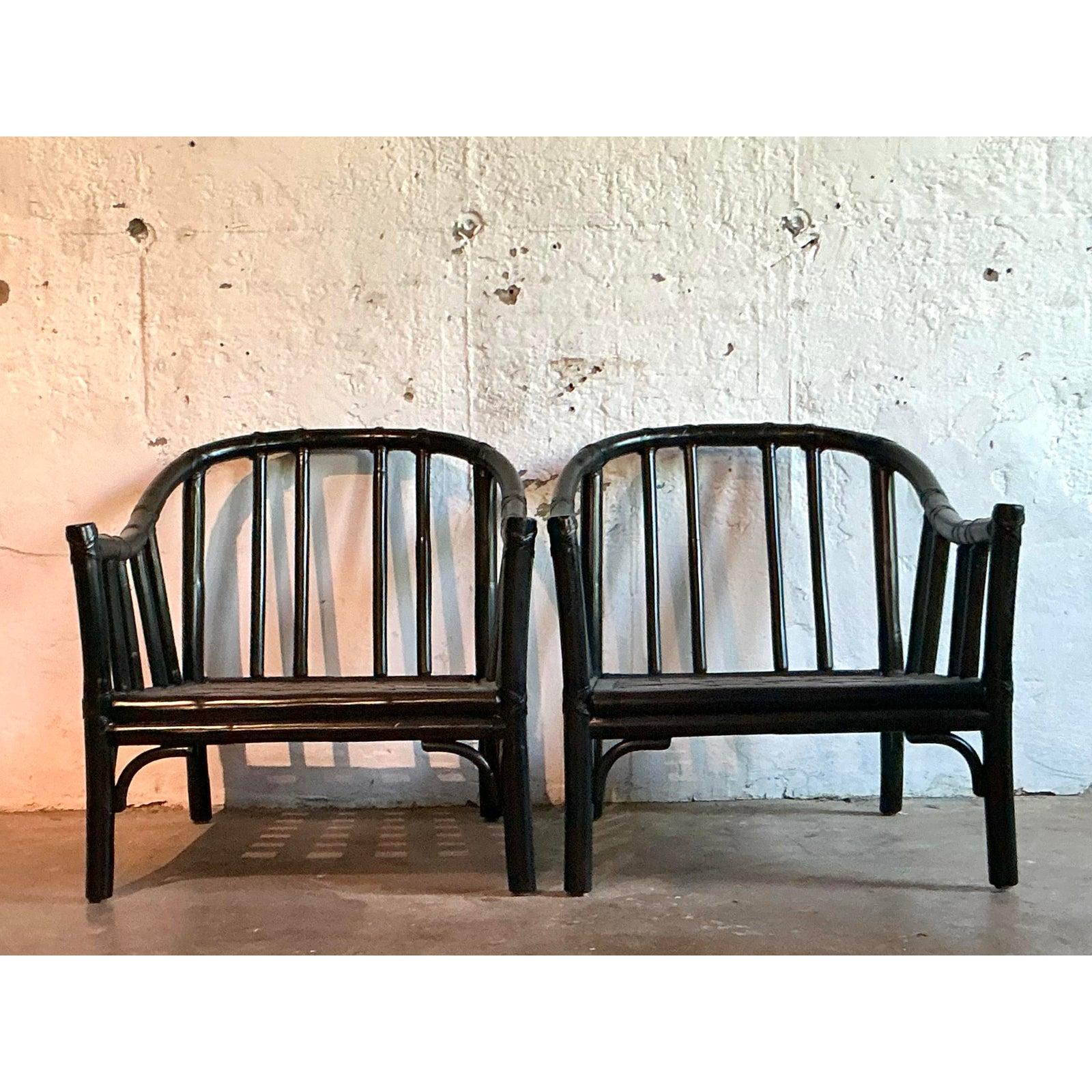 Philippine Vintage Boho McGuire Bent Rattan Lounge Chairs - A Pair For Sale