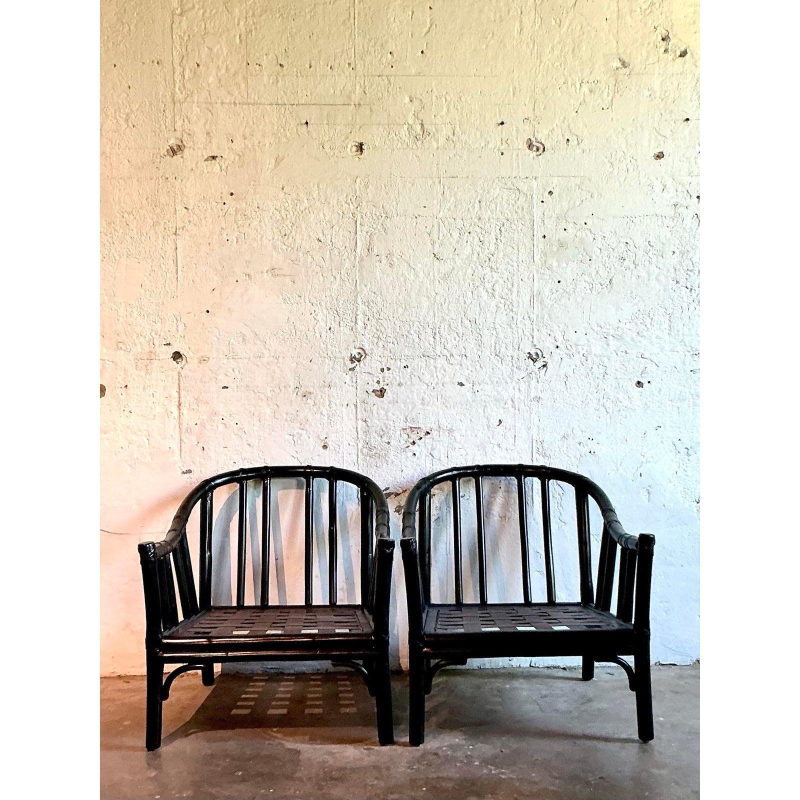 Vintage Boho McGuire Bent Rattan Lounge Chairs - A Pair In Good Condition For Sale In West Palm Beach, FL