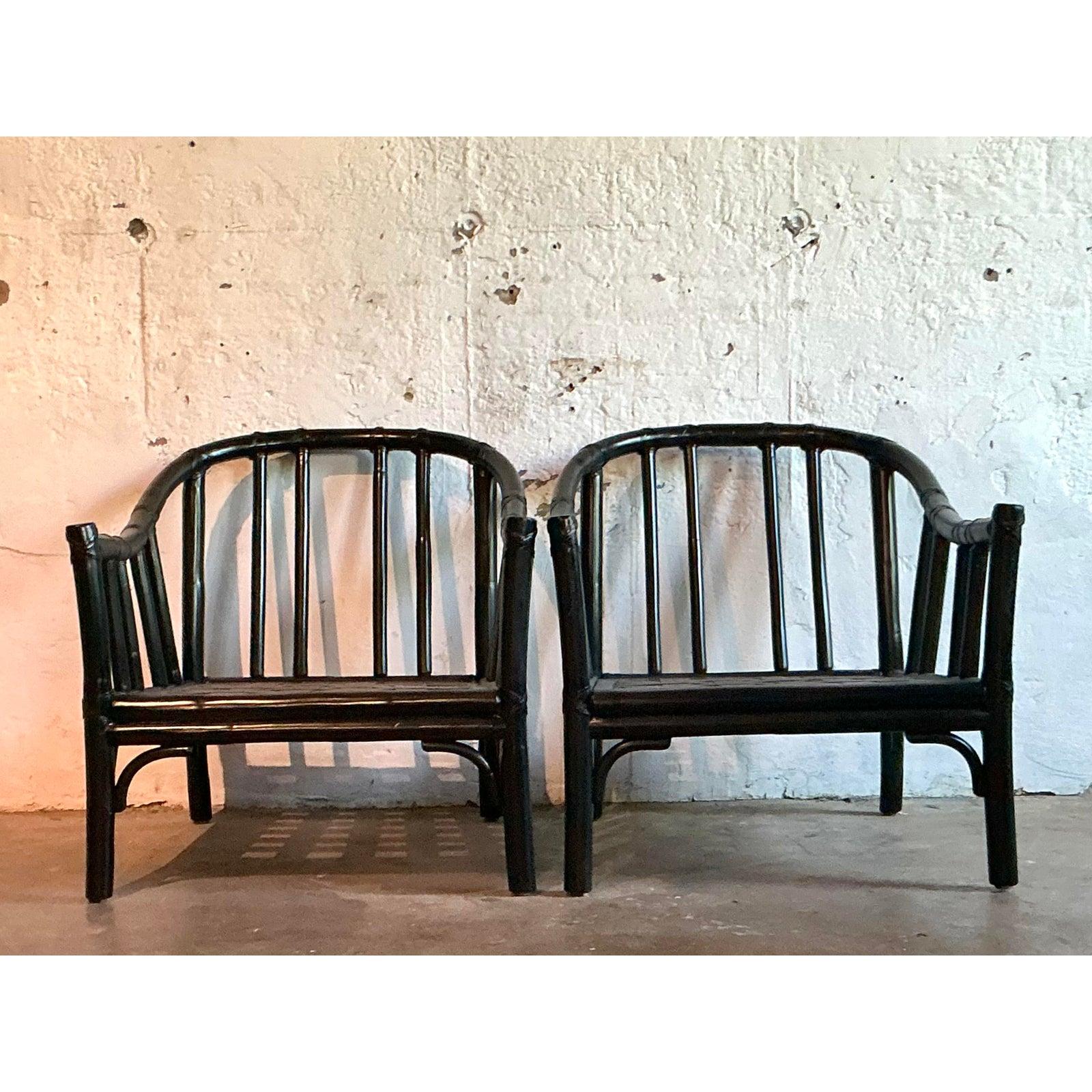 20th Century Vintage Boho McGuire Bent Rattan Lounge Chairs - A Pair For Sale