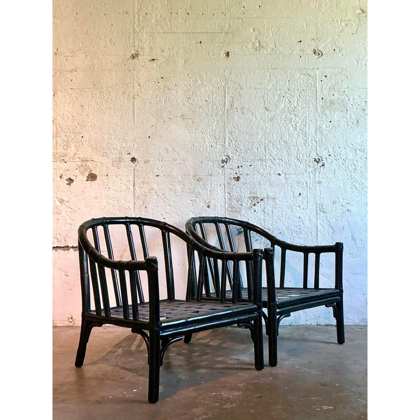 Bamboo Vintage Boho McGuire Bent Rattan Lounge Chairs - A Pair For Sale