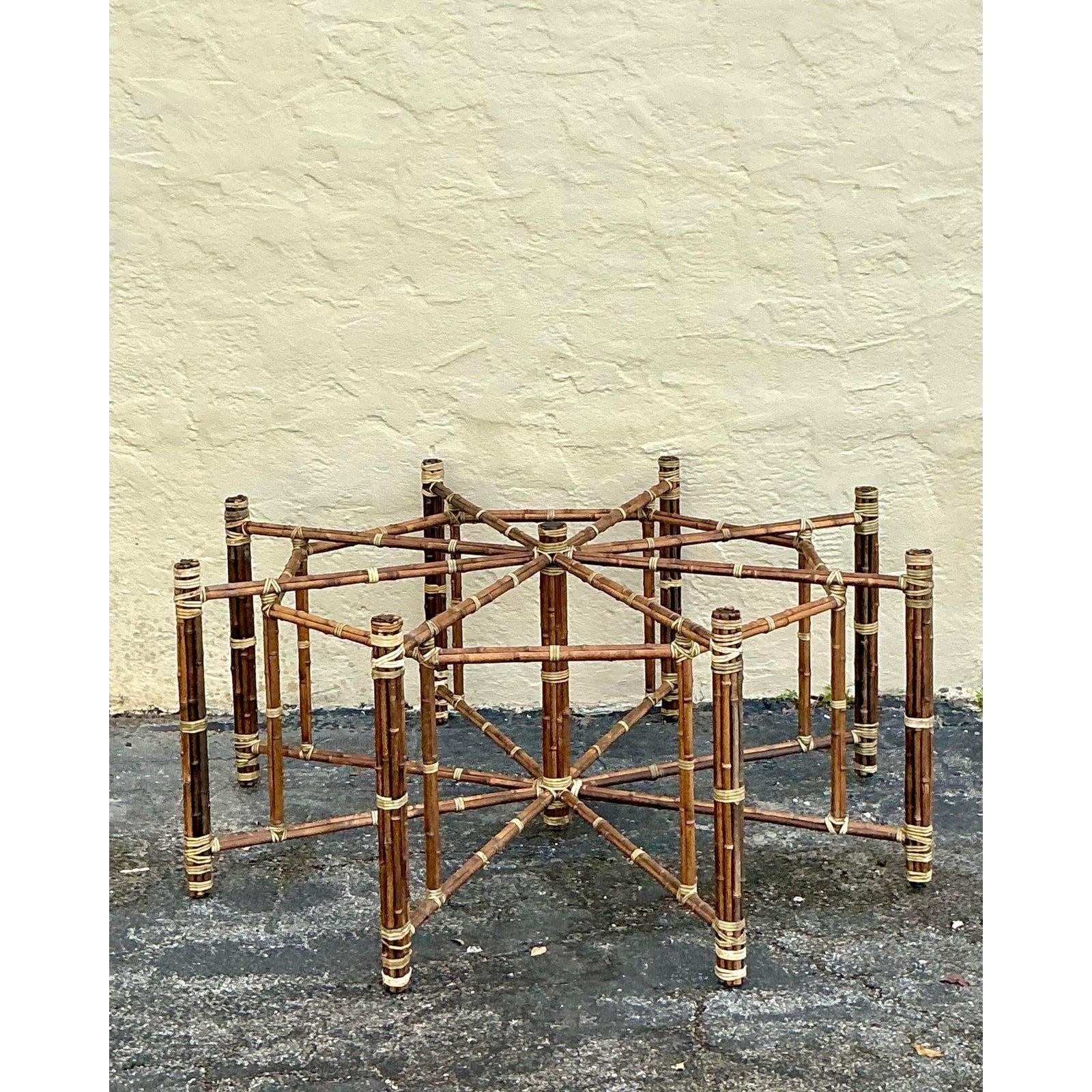 Mid-Century Modern Vintage Boho McGuire Bundled Rattan Dining Table Pedestal For Sale
