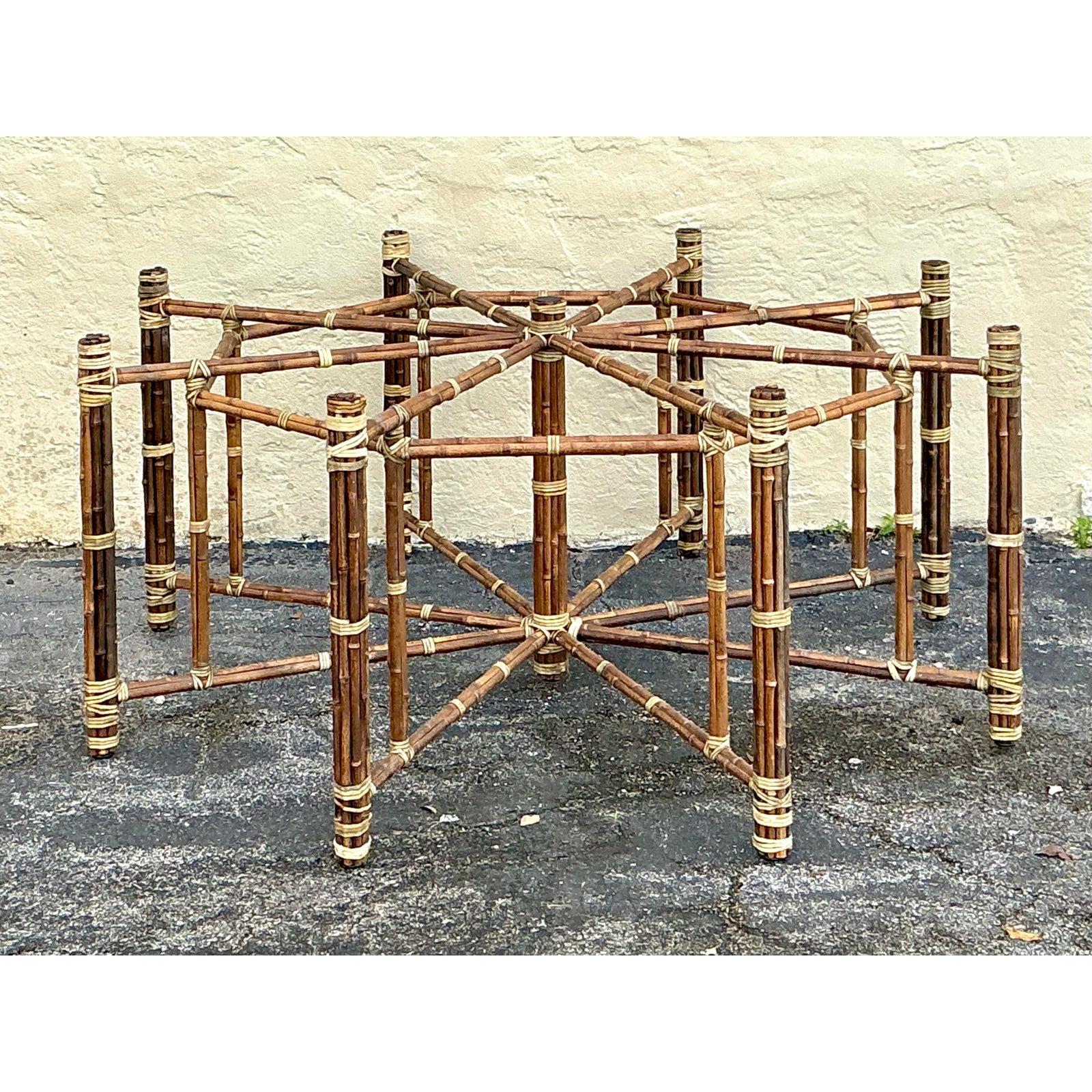 Vintage Boho McGuire Bundled Rattan Dining Table Pedestal In Good Condition For Sale In West Palm Beach, FL