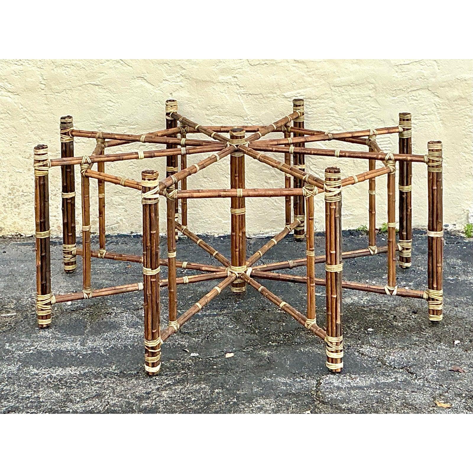 20th Century Vintage Boho McGuire Bundled Rattan Dining Table Pedestal For Sale