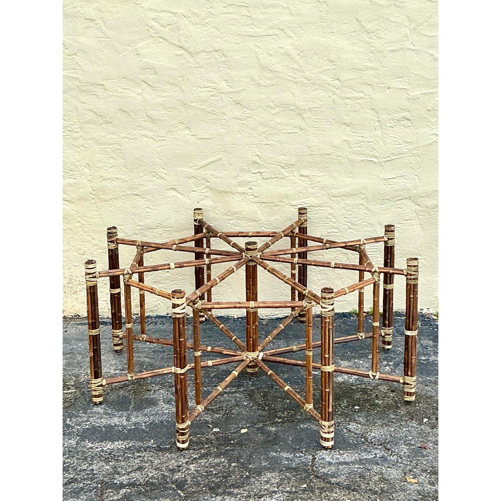 Hide Vintage Boho McGuire Bundled Rattan Dining Table Pedestal For Sale