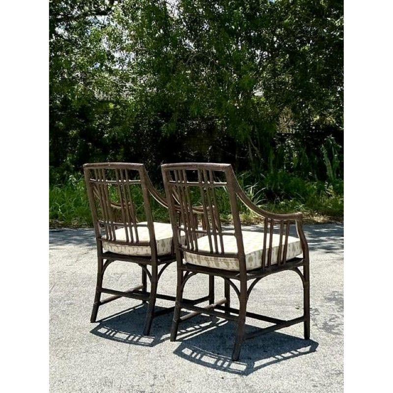Hollywood Regency Vintage Boho McGuire Grid Rattan Dining Chairs - A Pair For Sale