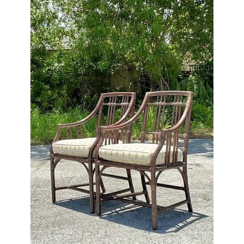 Philippine Vintage Boho McGuire Grid Rattan Dining Chairs - A Pair For Sale