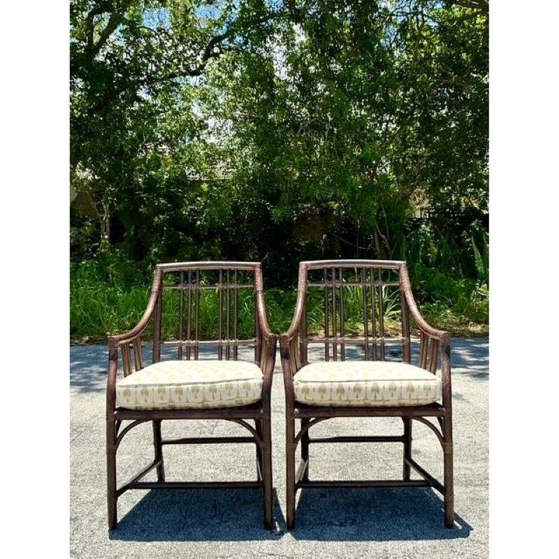 20th Century Vintage Boho McGuire Grid Rattan Dining Chairs - A Pair For Sale