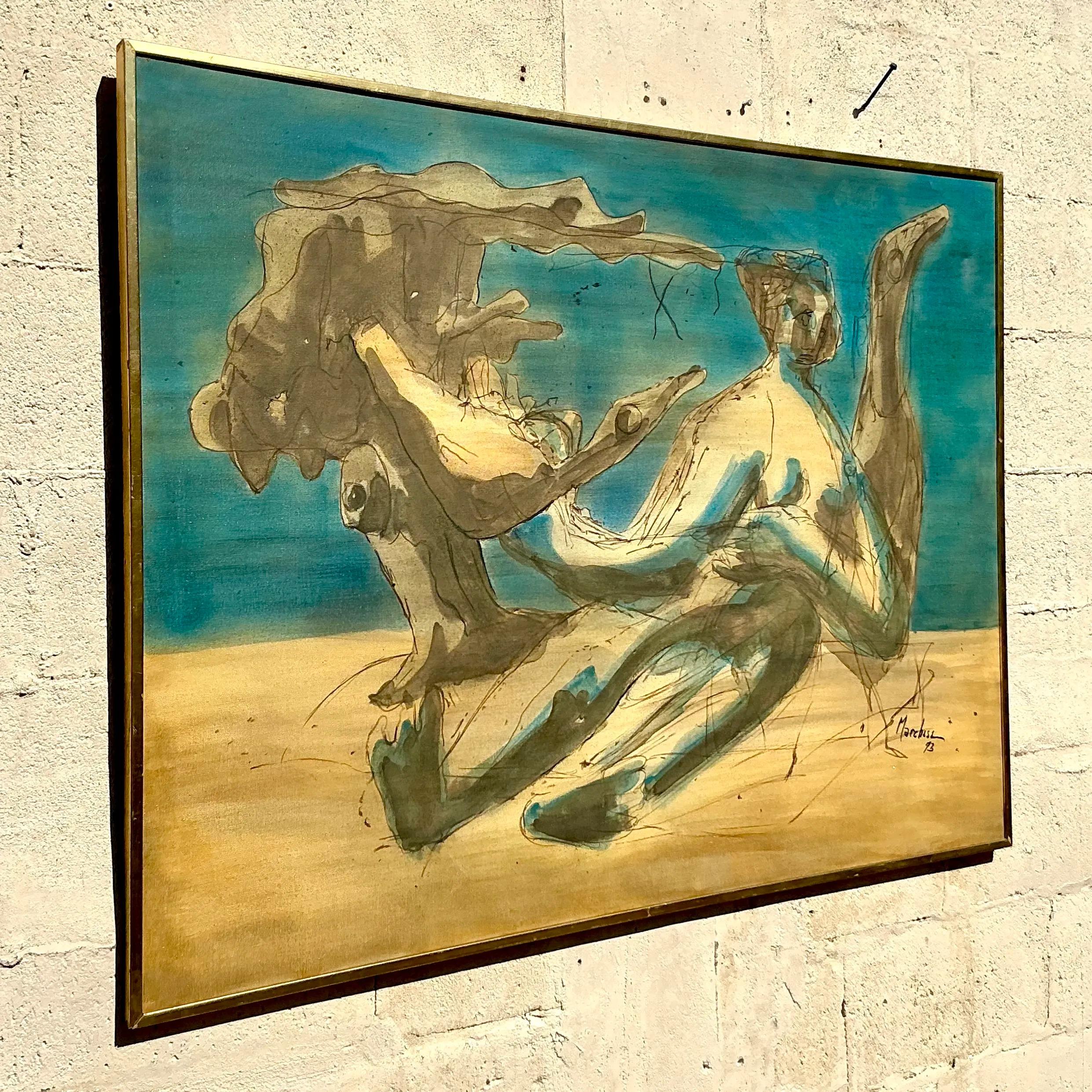 Vintage Boho MCM Abstract Figurative Oil Painting on Canvas For Sale at ...