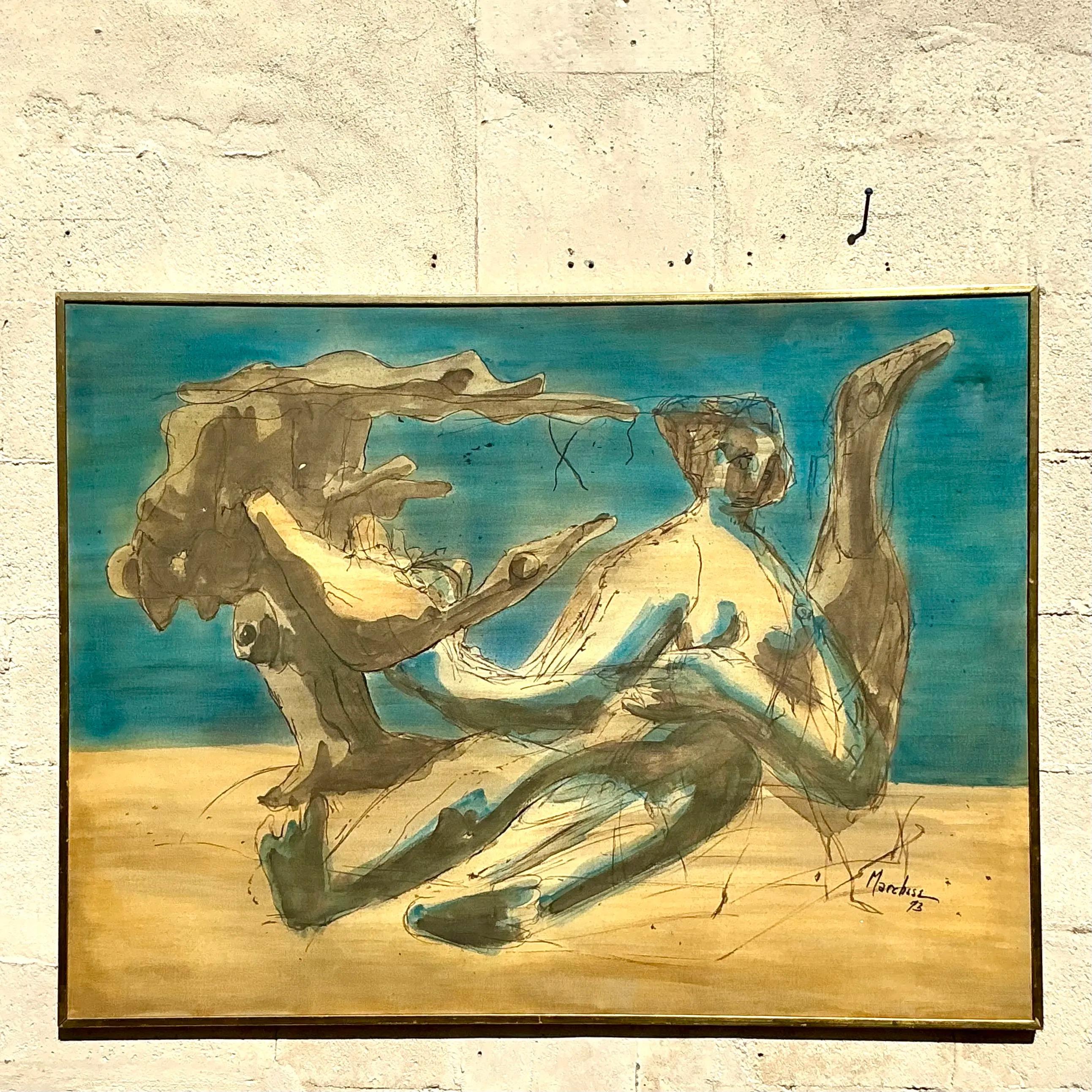 Vintage Boho MCM Abstract Figurative Oil Painting on Canvas For Sale at ...