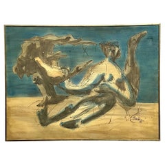 Vintage Boho MCM Abstract Figurative Oil Painting on Canvas