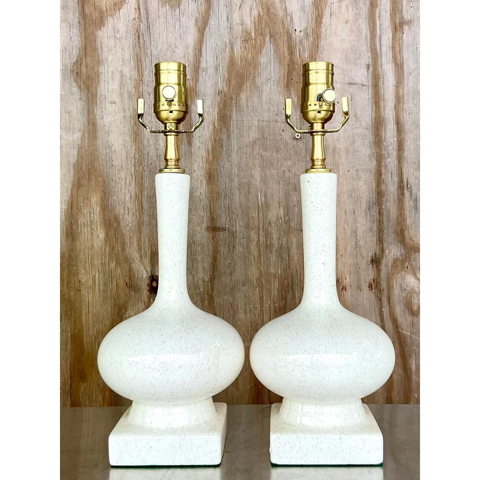 Vintage Boho MCM Glazed Ceramic Lamps, a Pair In Good Condition In west palm beach, FL