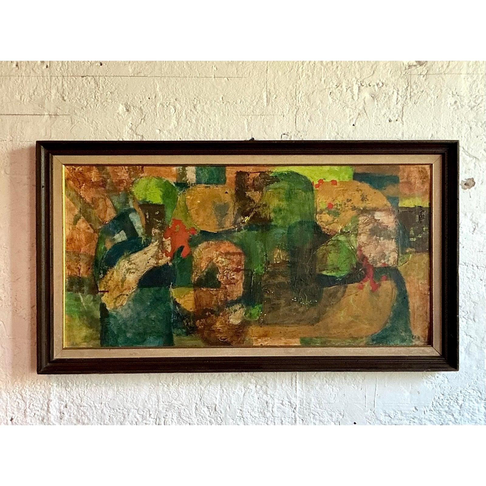 Vintage Boho MCM Original Abstrakt Öl auf Leinwand im Angebot 2