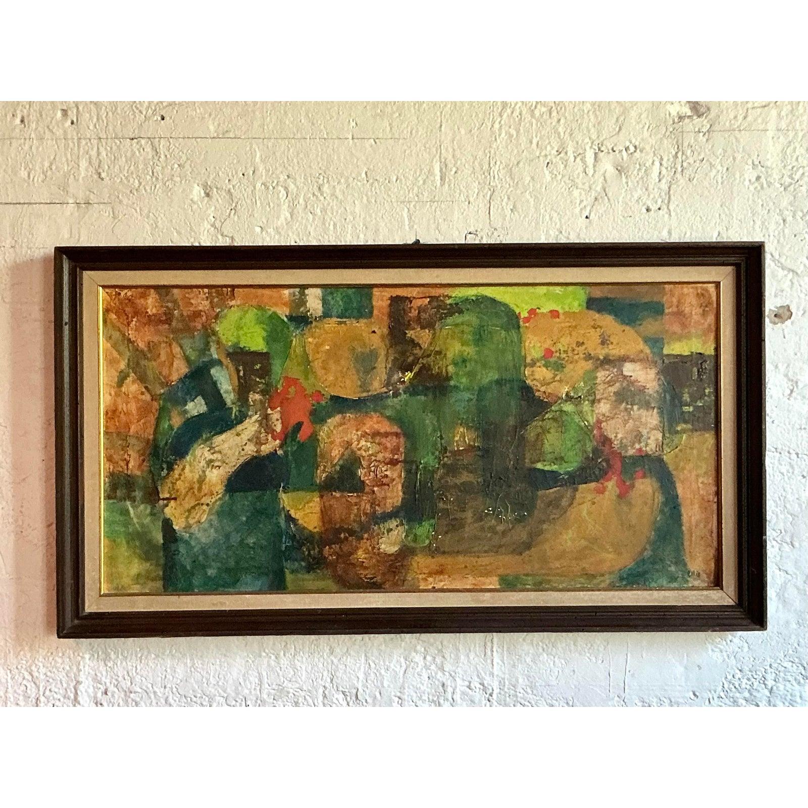 Vintage Boho MCM Original Abstrakt Öl auf Leinwand im Angebot 3