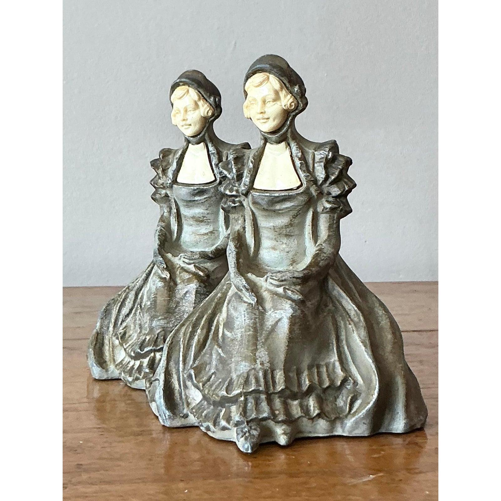 Vintage Boho Metal Lady Bookends - Set of 2 For Sale 1