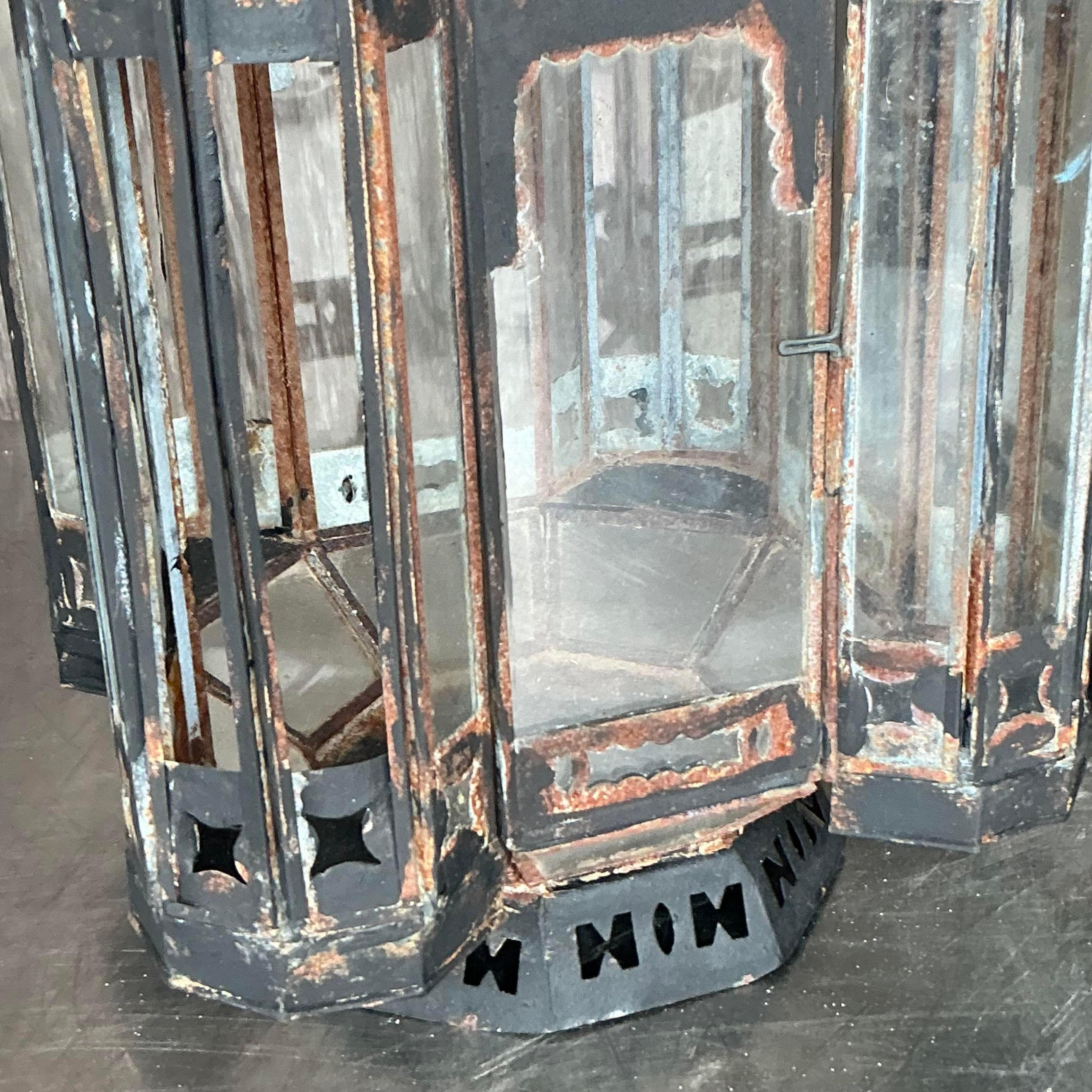 Vintage Boho Metal Moroccan Lanterns - a Pair In Good Condition For Sale In West Palm Beach, FL